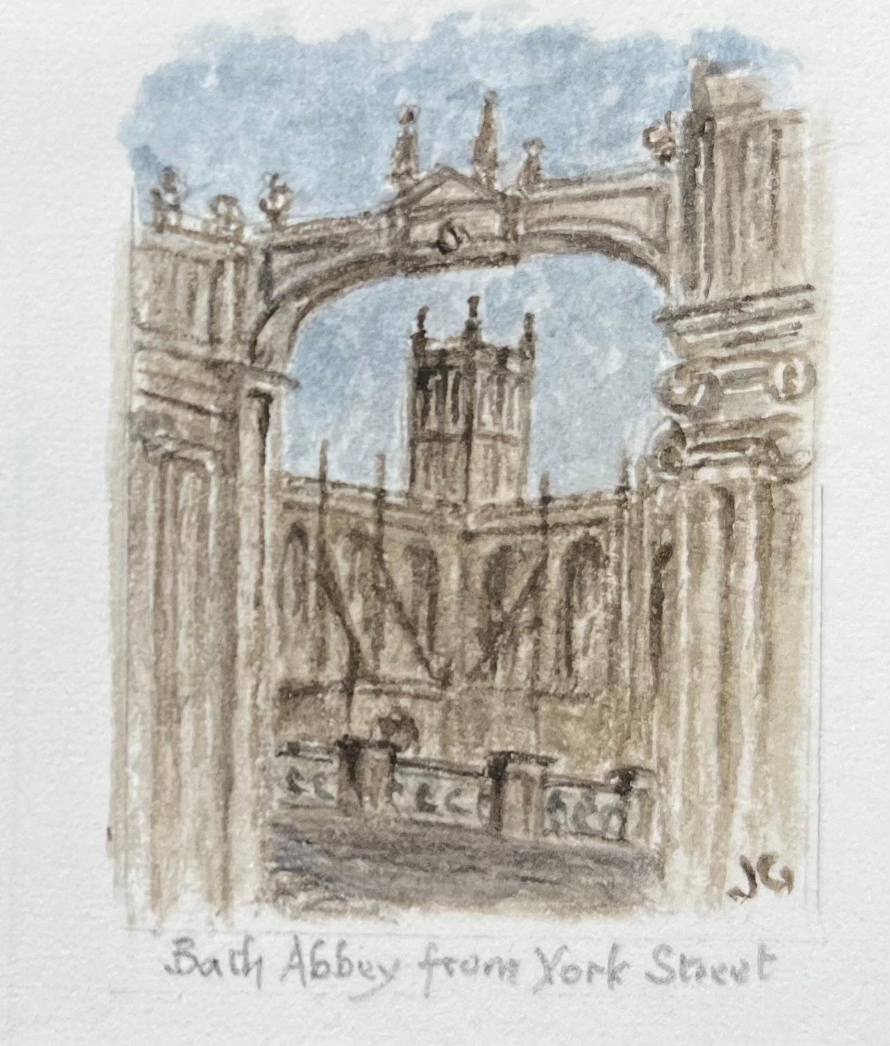 Pinturas en acuarela en miniatura de la Abadía de Bath West End y York Street View - Painting Escuela inglesa de Jack Grunwell