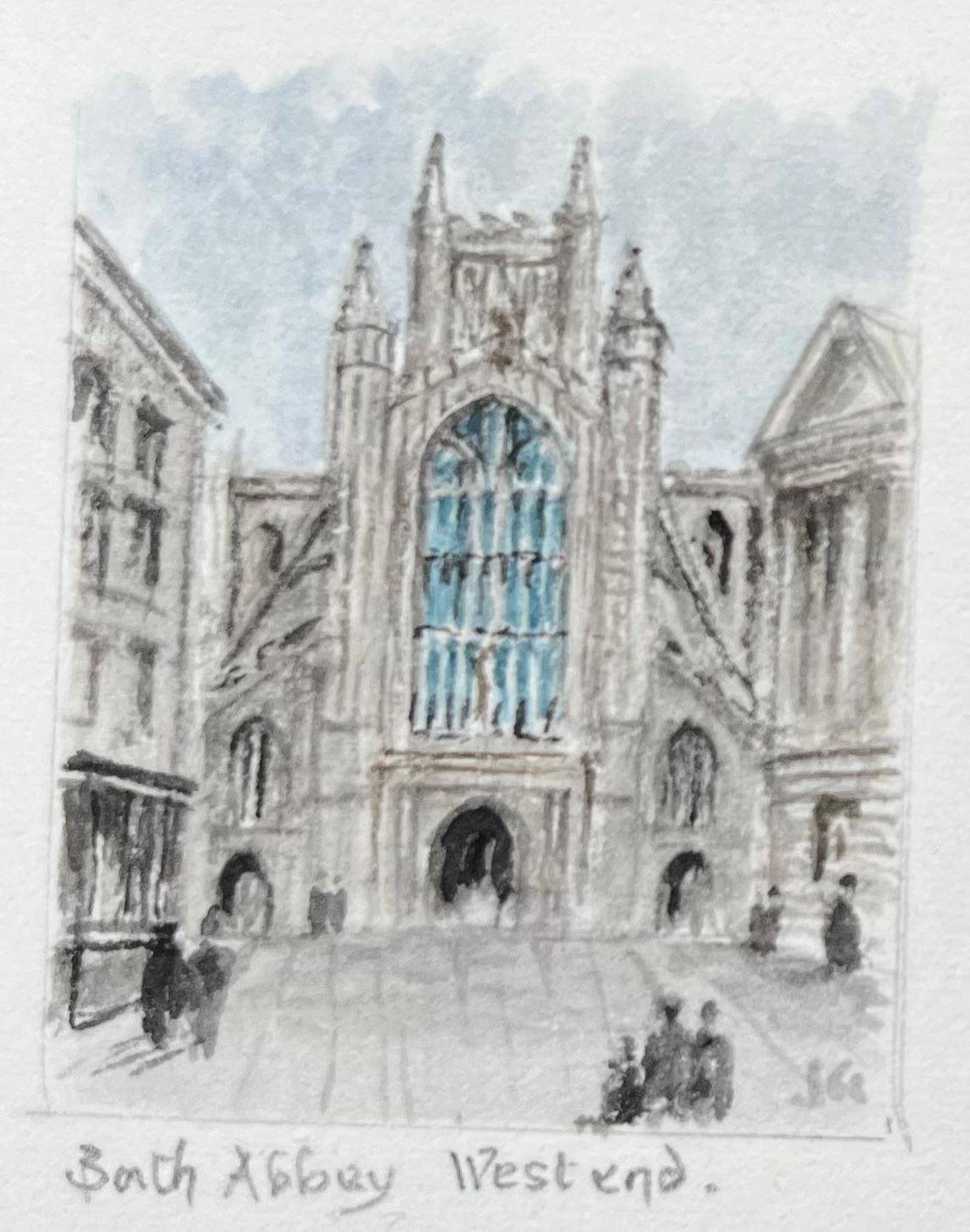 Pinturas en acuarela en miniatura de la Abadía de Bath West End y York Street View - Landscape Painting Gris de Jack Grunwell