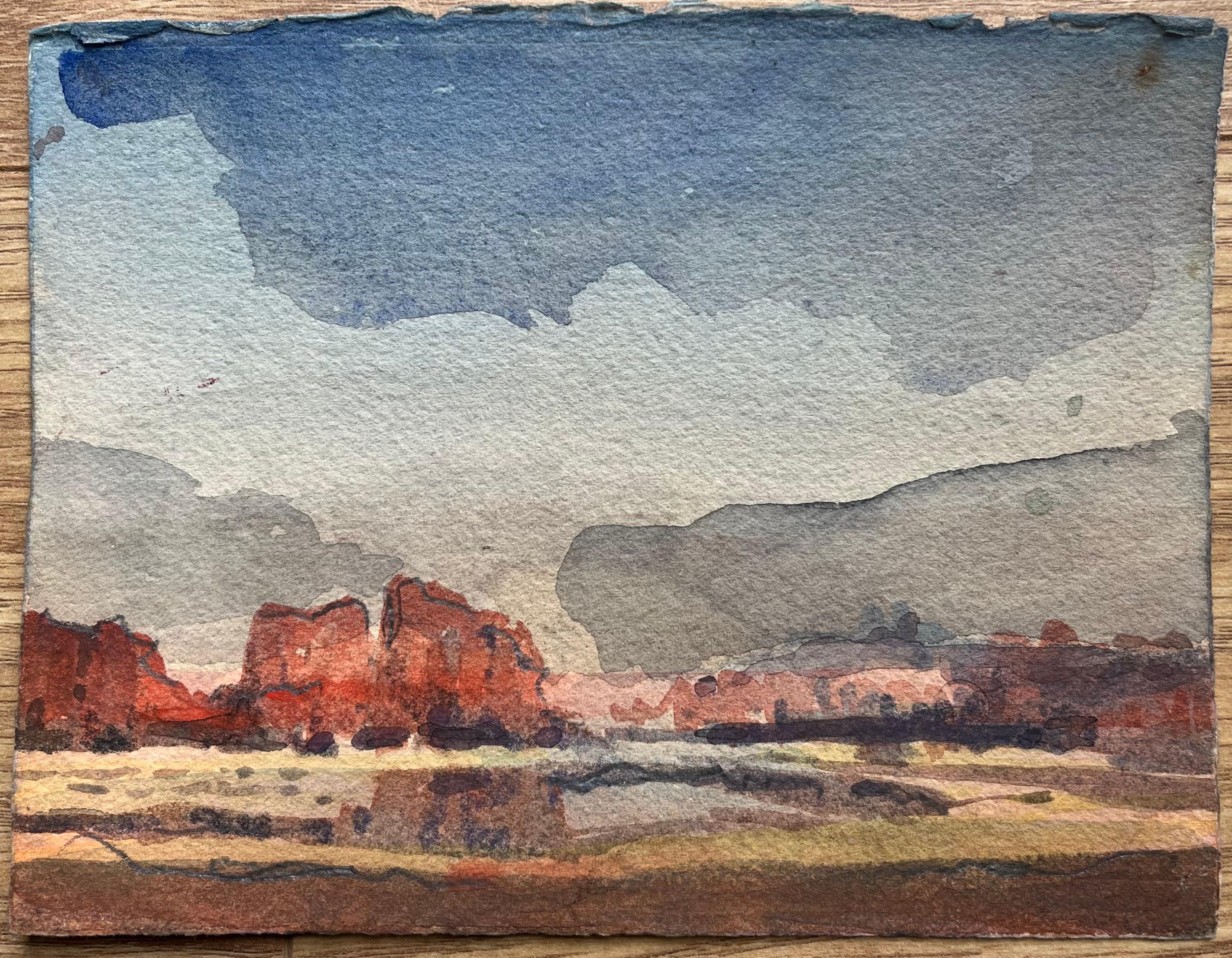Aquarelle impressionniste française Paysage de désert représentant une formation de roches rouges - Impressionnisme Art par Maurice Mazeilie
