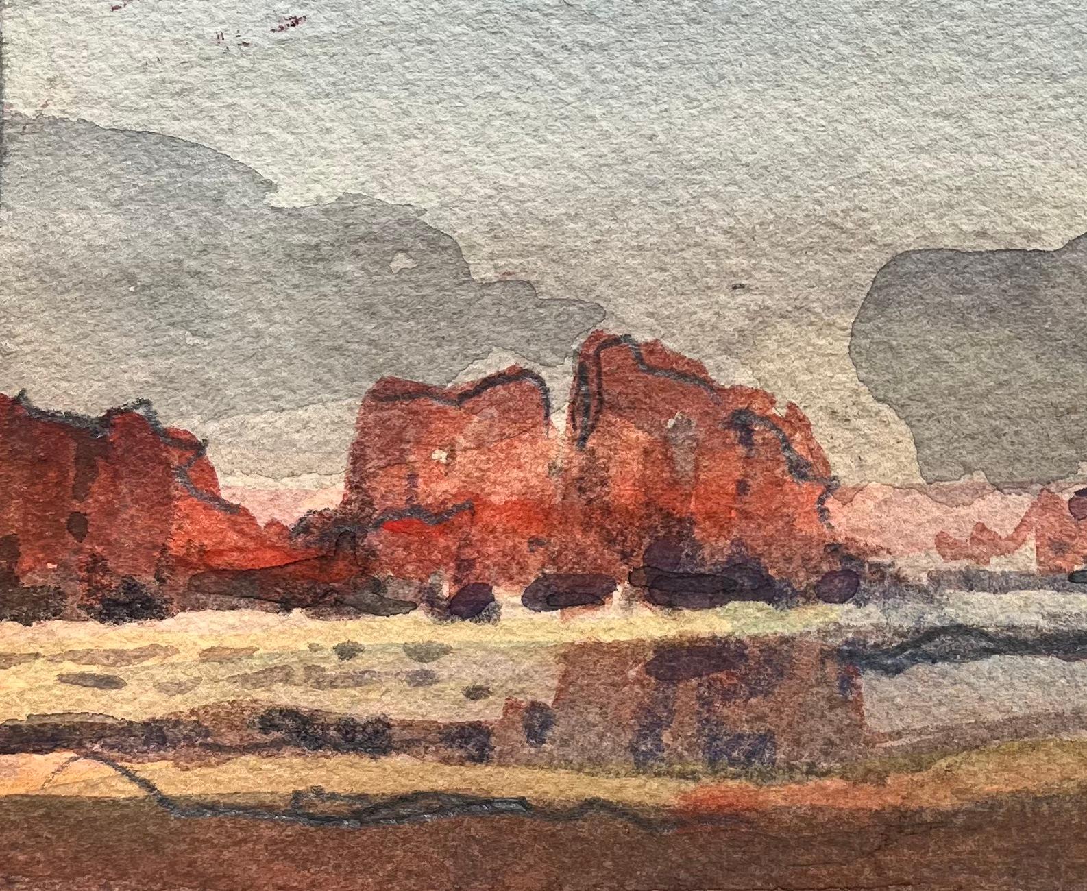 Aquarelle impressionniste française Paysage de désert représentant une formation de roches rouges en vente 1
