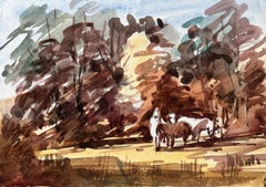 Acuarela impresionista francesa Escena de bosque con caballos