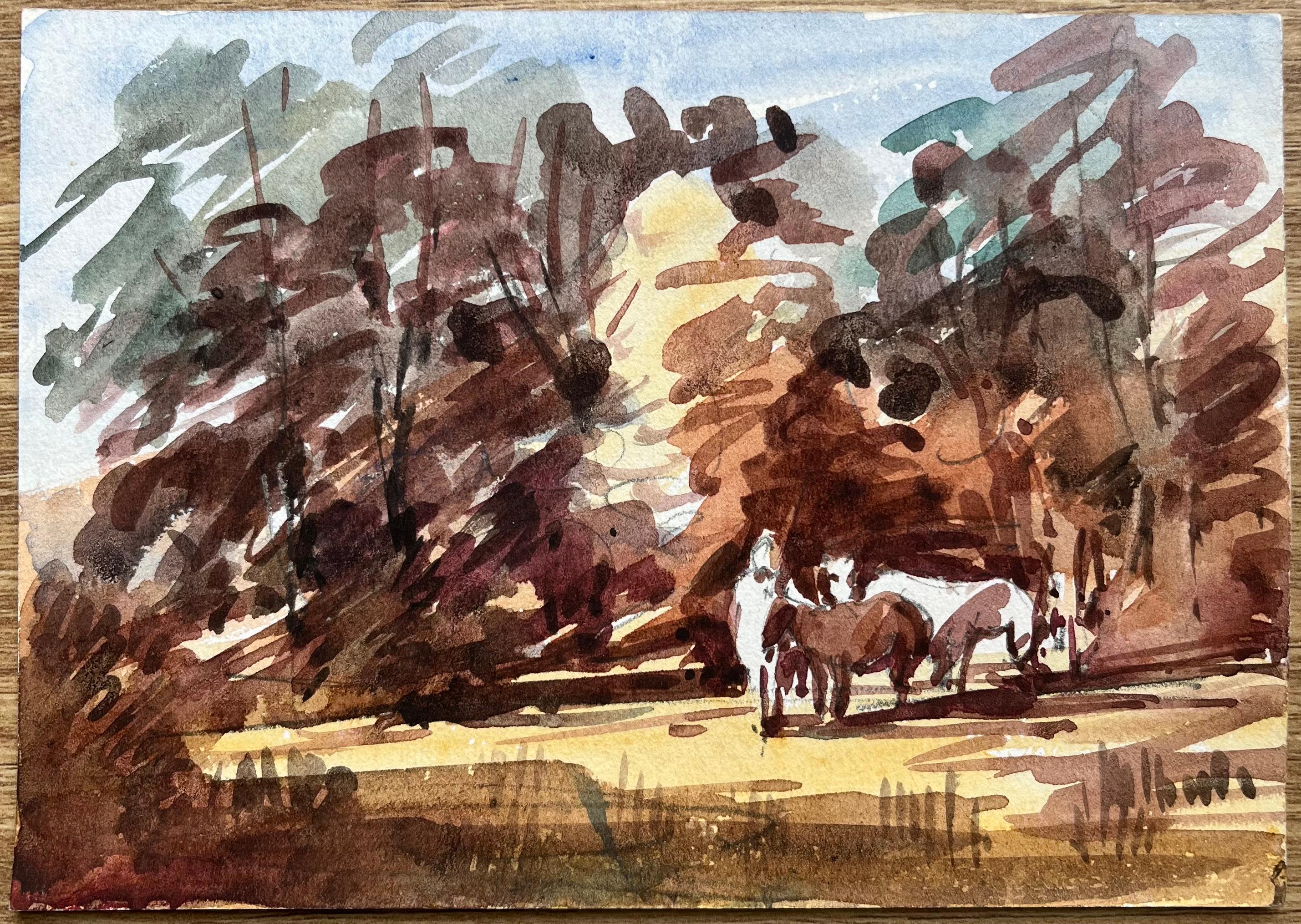 Aquarelle impressionniste française représentant une scène de bois avec chevaux - Impressionnisme Art par Maurice Mazeilie
