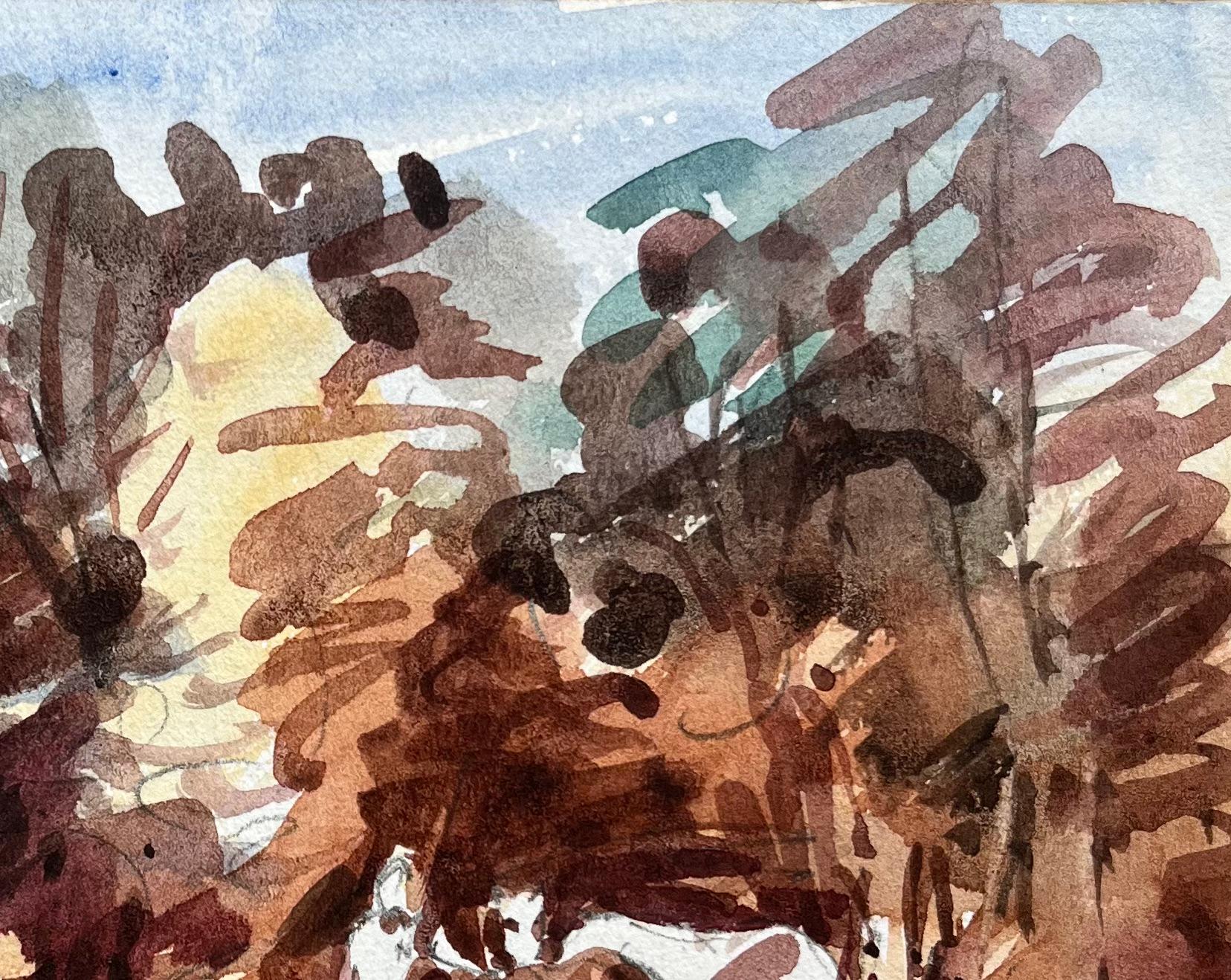 Aquarelle impressionniste française représentant une scène de bois avec chevaux en vente 1