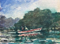 Acquerello impressionista francese di una scena in riva al fiume con una barca a remi rossa