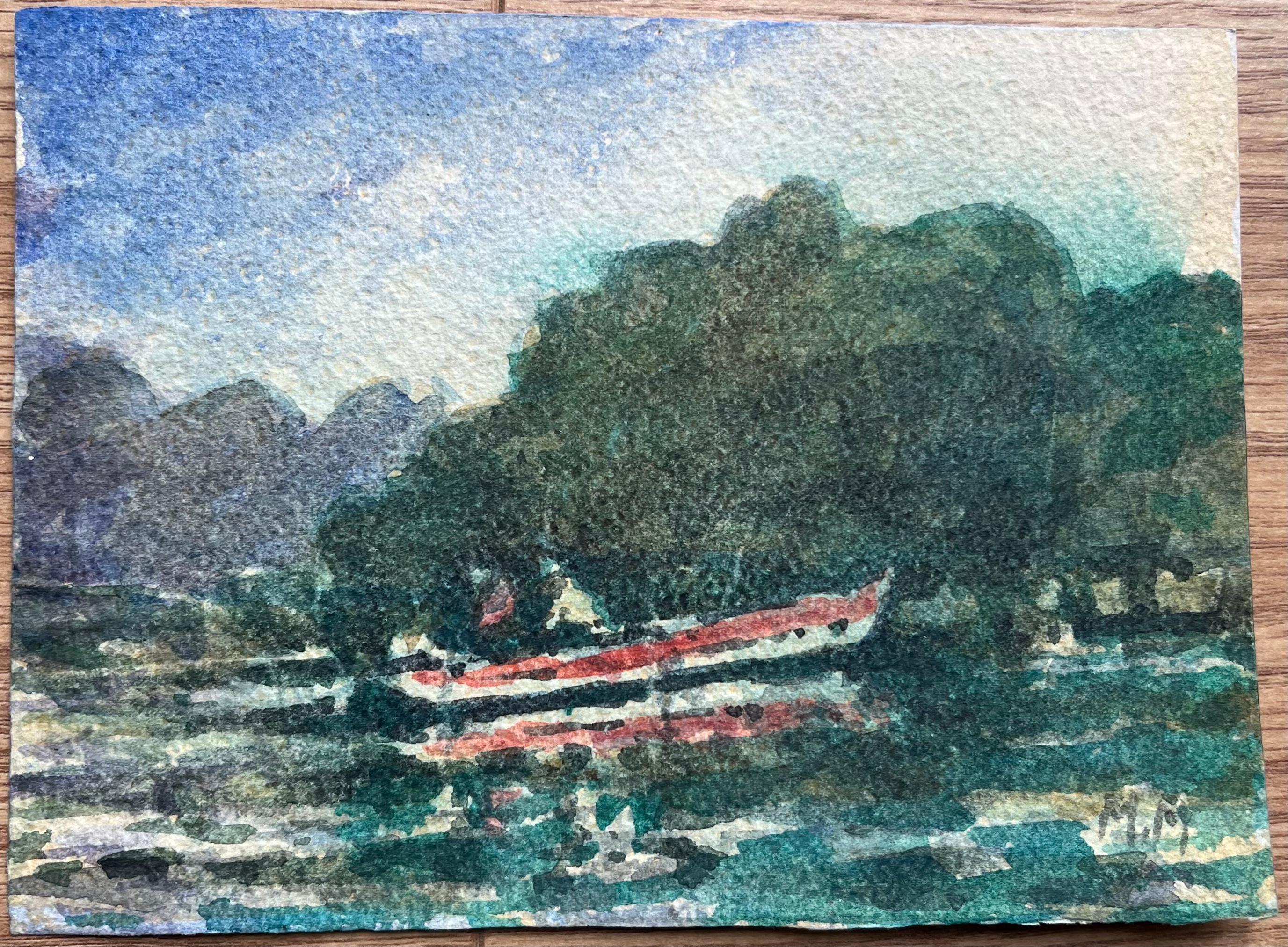 Acquerello impressionista francese di una scena in riva al fiume con una barca a remi rossa - Art Impressionismo di Maurice Mazeilie