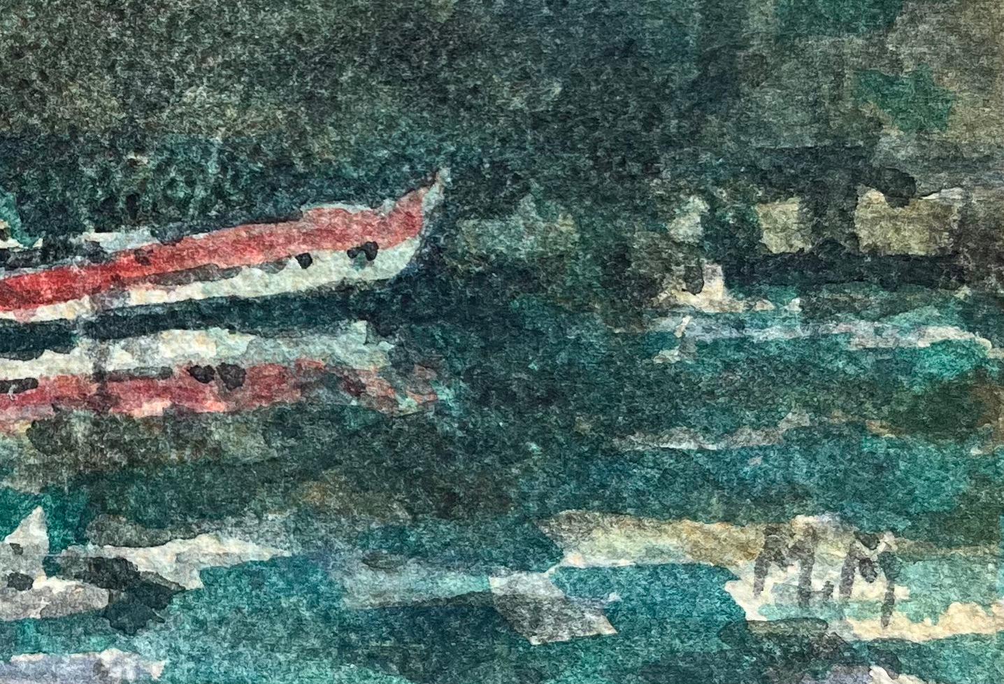 Acquerello impressionista francese di una scena in riva al fiume con una barca a remi rossa in vendita 2