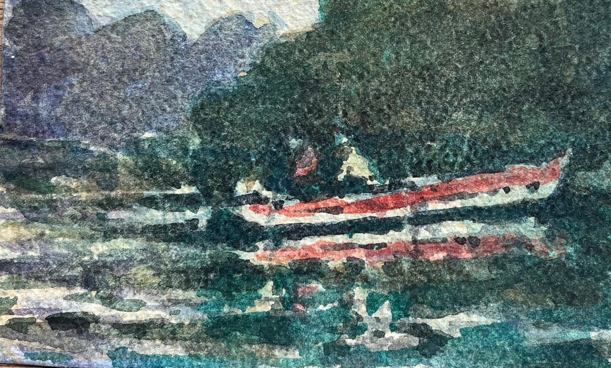 Acquerello impressionista francese di una scena in riva al fiume con una barca a remi rossa in vendita 1