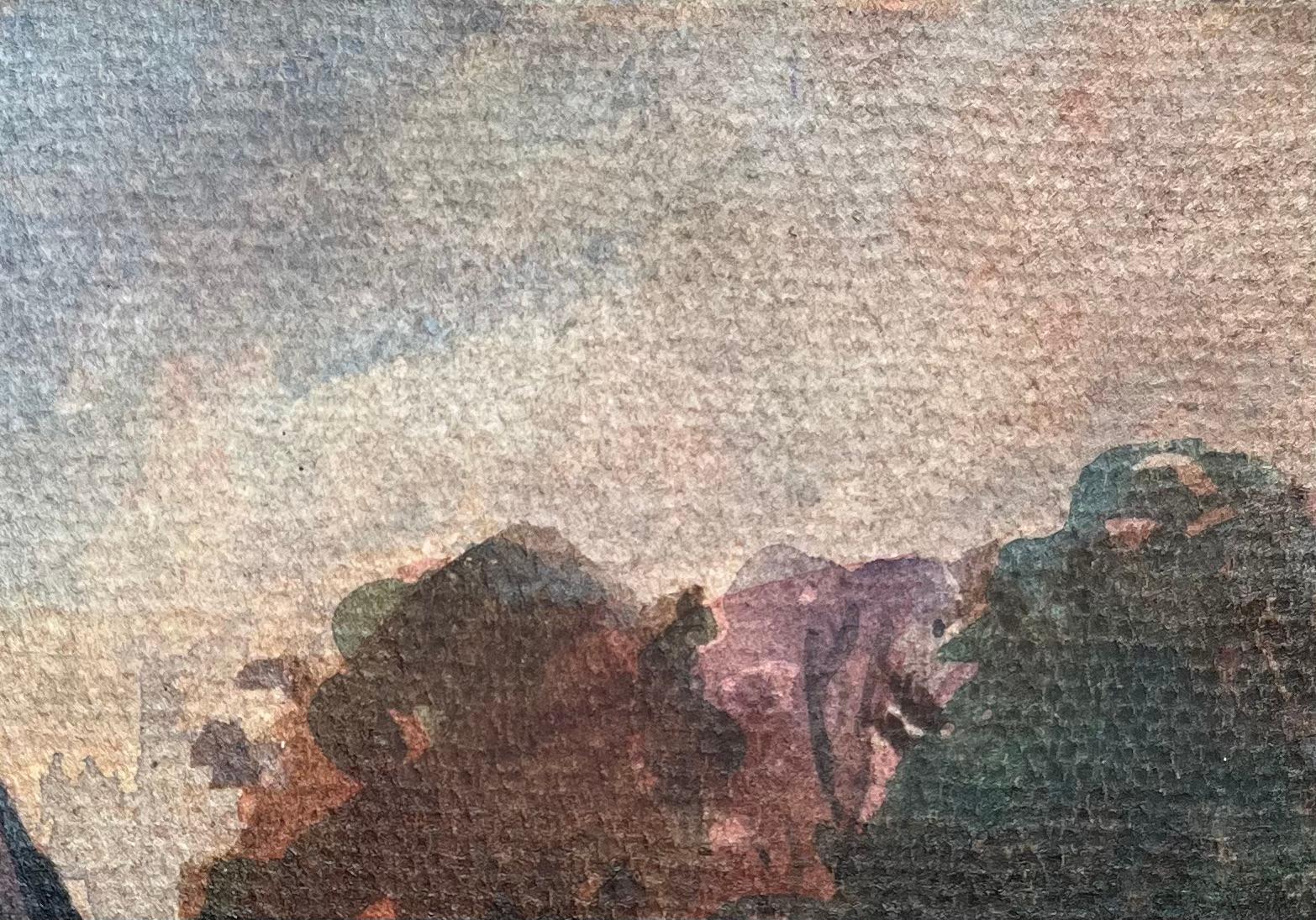 Aquarelle impressionniste française d'un château au coucher du soleil en vente 2