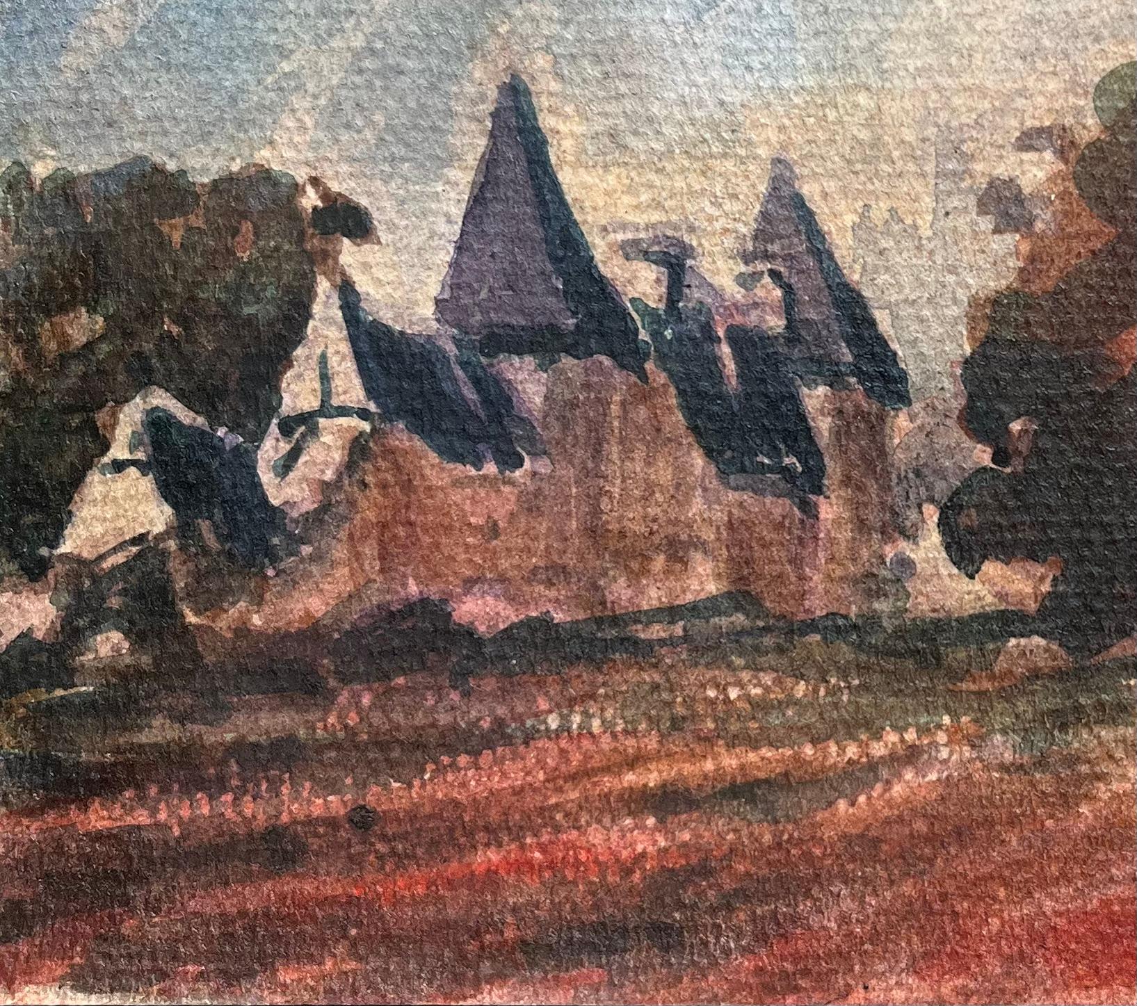 Aquarelle impressionniste française d'un château au coucher du soleil en vente 1