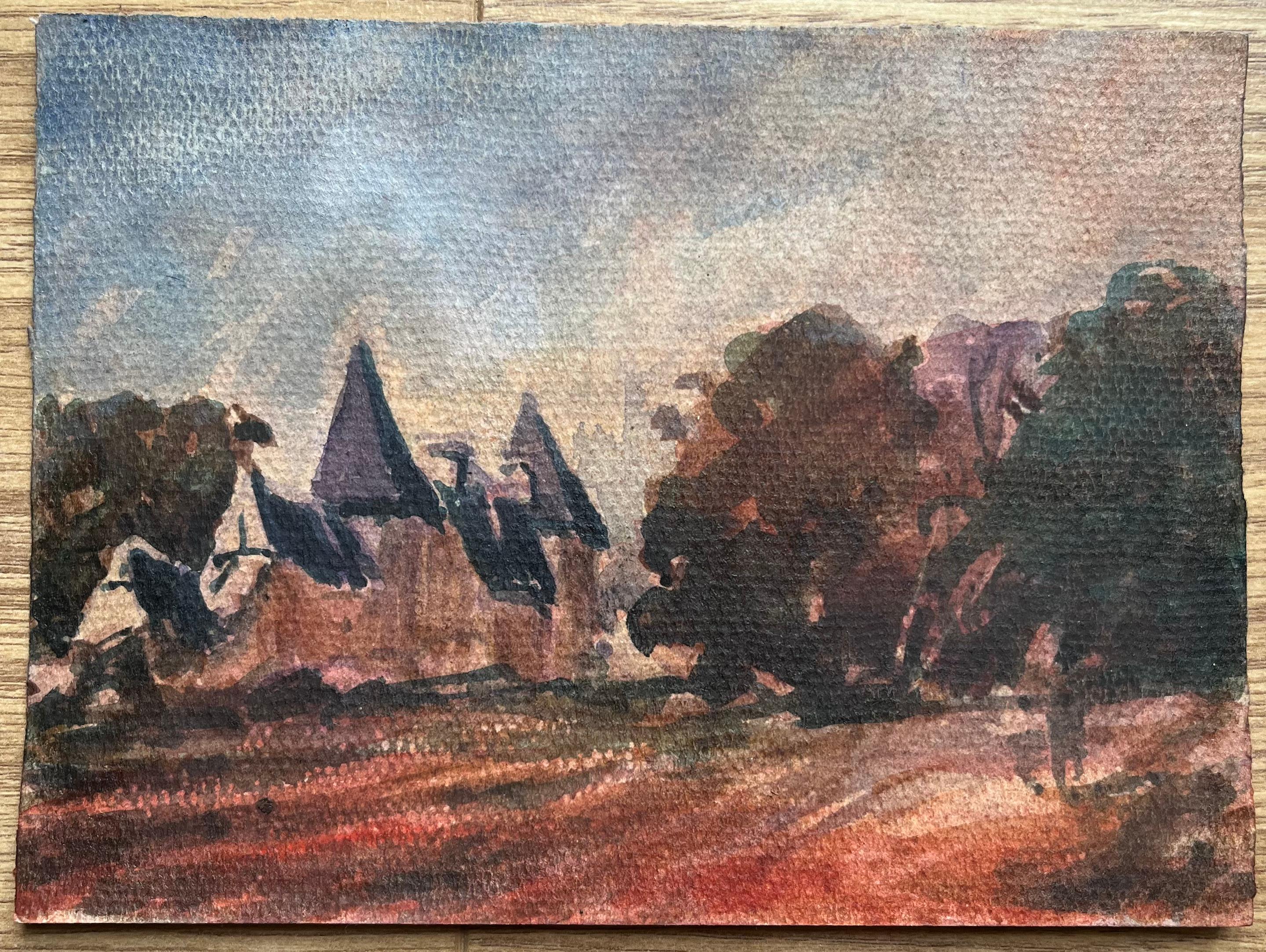 Aquarelle impressionniste française d'un château au coucher du soleil - Impressionnisme Art par Maurice Mazeilie