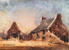 Aquarelle impressionniste française d'une ferme rustique au bureau