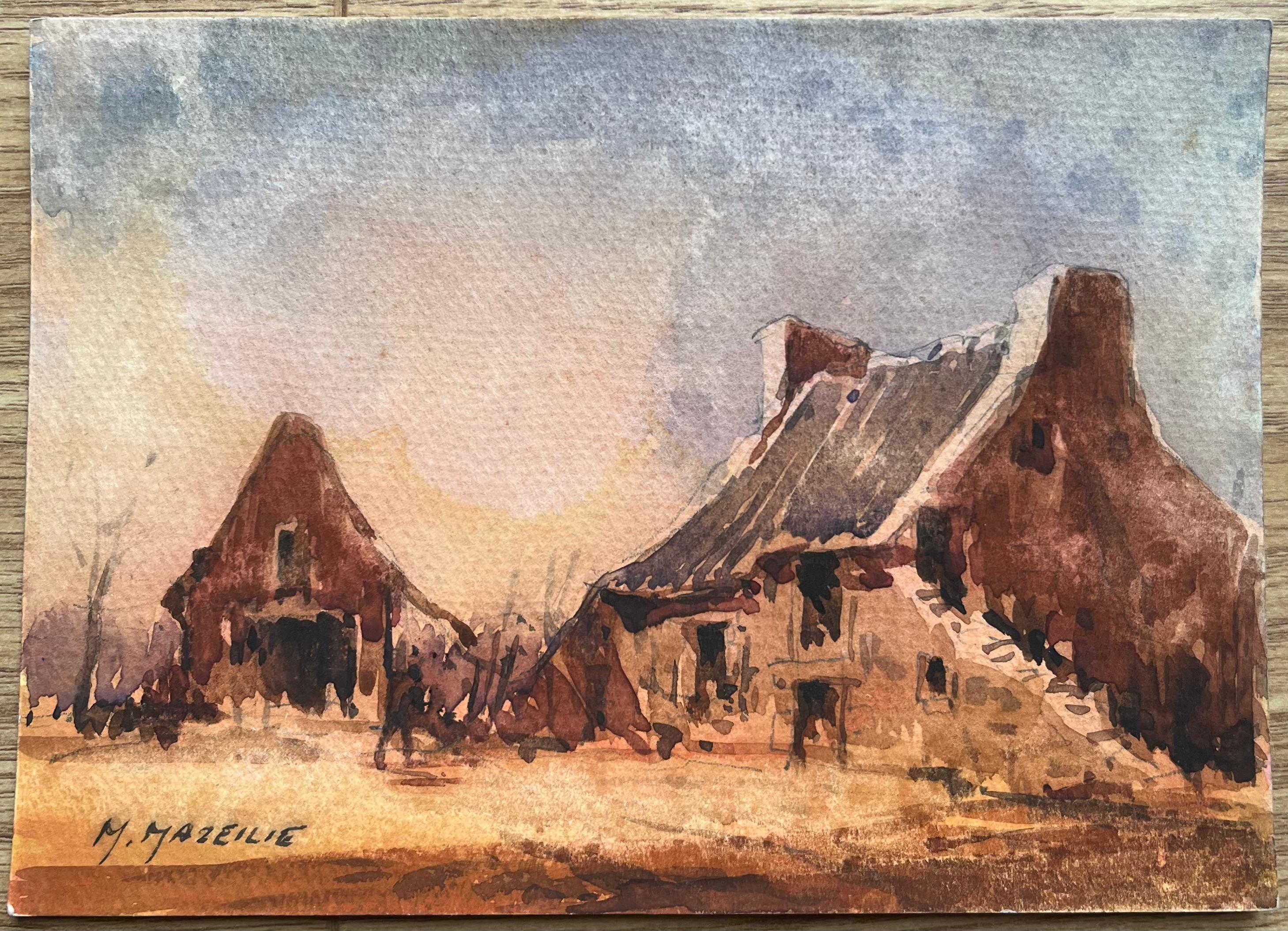 Title: French Impressionist Watercolor of Rustic Farmhouse at Dusk
By Maurice Mazeilie (French 1924-2021)
Medium: Watercolour on paper, unframed
Size: 5.5 x 7.75 inches (Height x Width)
Stamped: Verso
Condition: Good
Provenance: All the paintings we