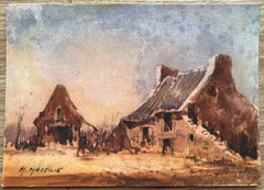 French Impressionist Watercolor of Rustic Farmhouse at Dusk