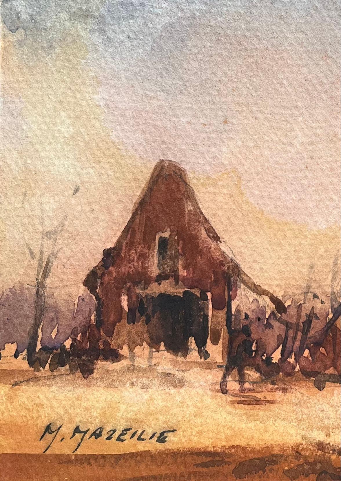 French Impressionist Watercolor of Rustic Farmhouse at Dusk For Sale 1