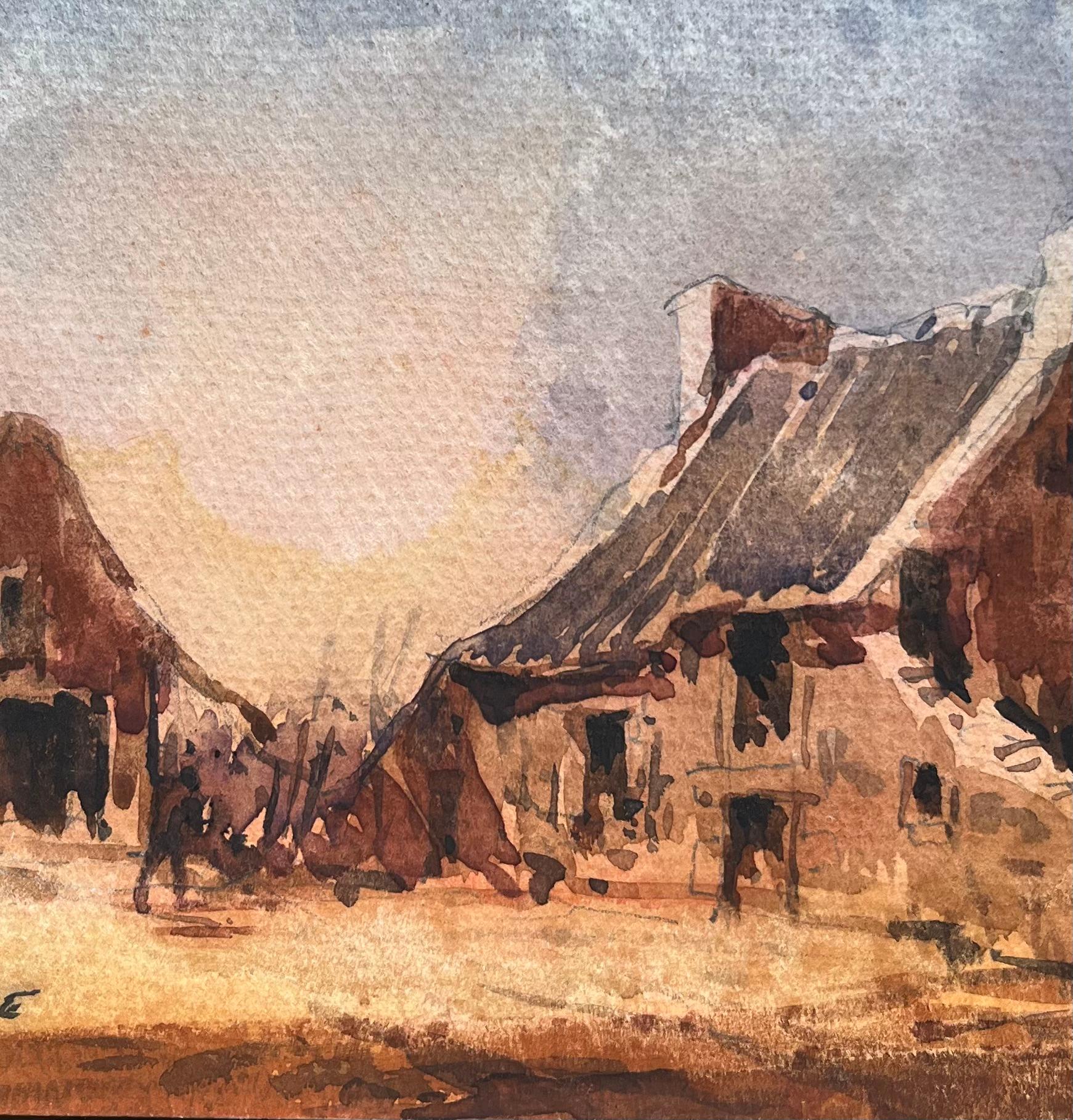 French Impressionist Watercolor of Rustic Farmhouse at Dusk For Sale 3