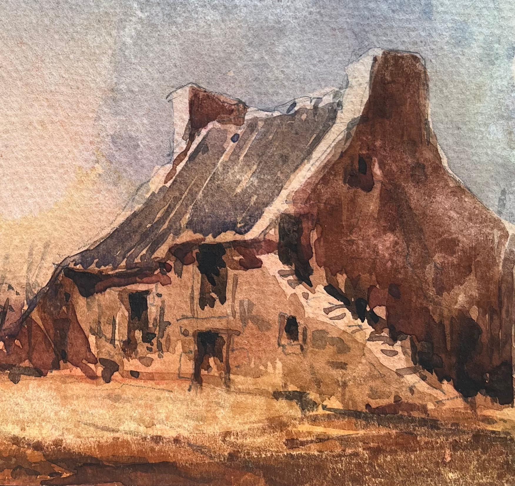French Impressionist Watercolor of Rustic Farmhouse at Dusk For Sale 2