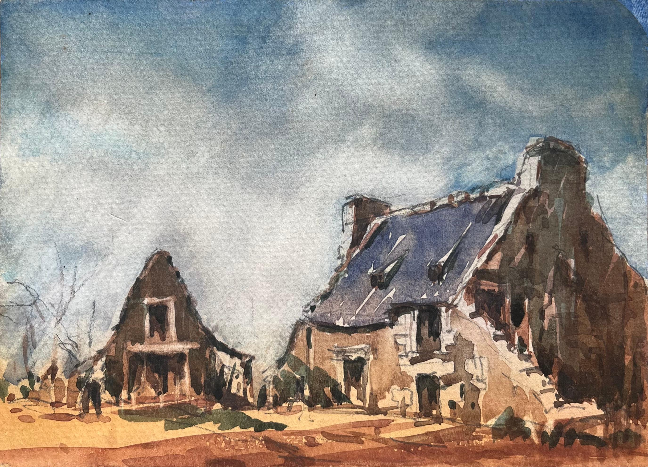 French Impressionist Watercolor of Sunlit Rustic Farmhouse