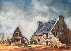 Aquarelle impressionniste française d'une ferme rustique éclairée par le soleil