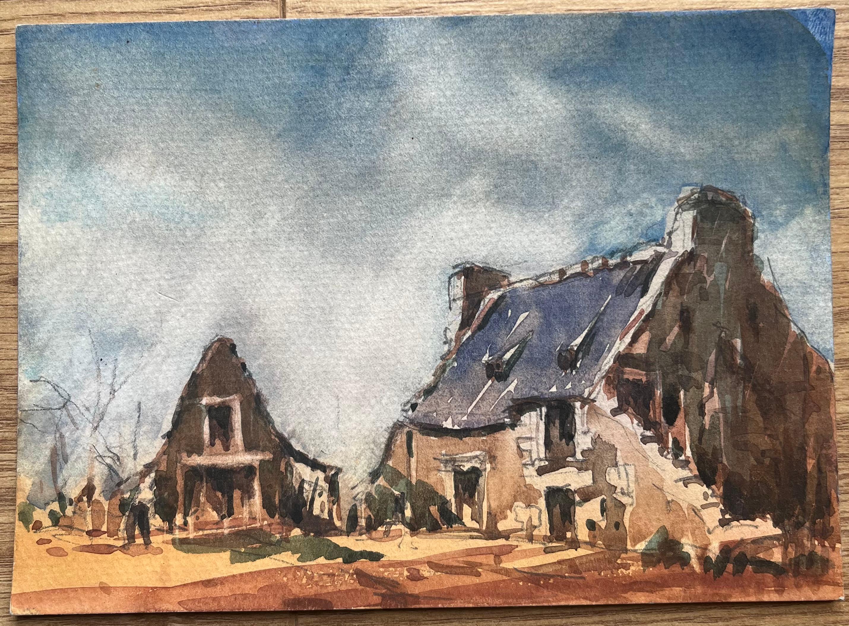 Aquarelle impressionniste française d'une ferme rustique éclairée par le soleil - Impressionnisme Art par Maurice Mazeilie