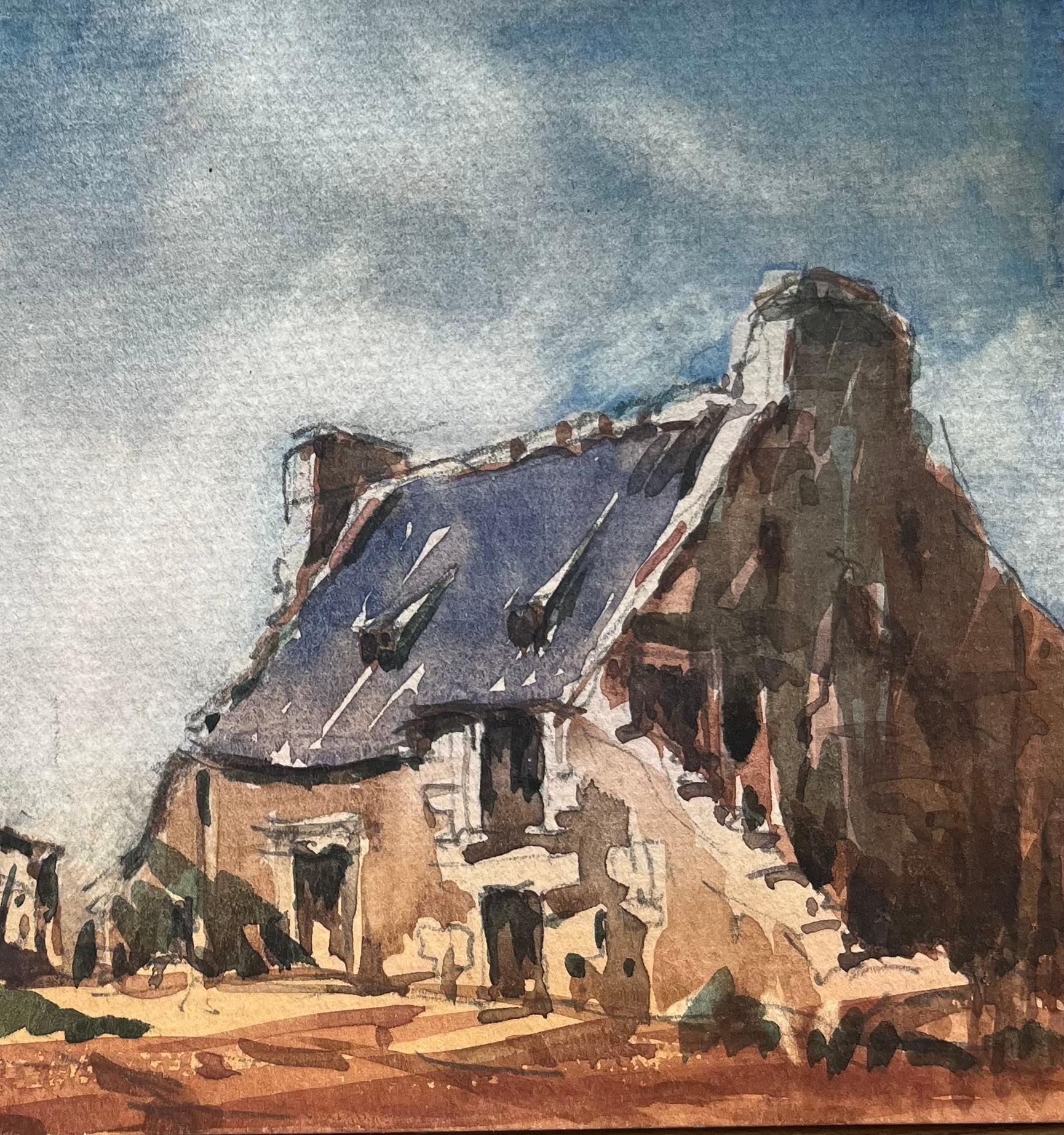 Aquarelle impressionniste française d'une ferme rustique éclairée par le soleil en vente 1