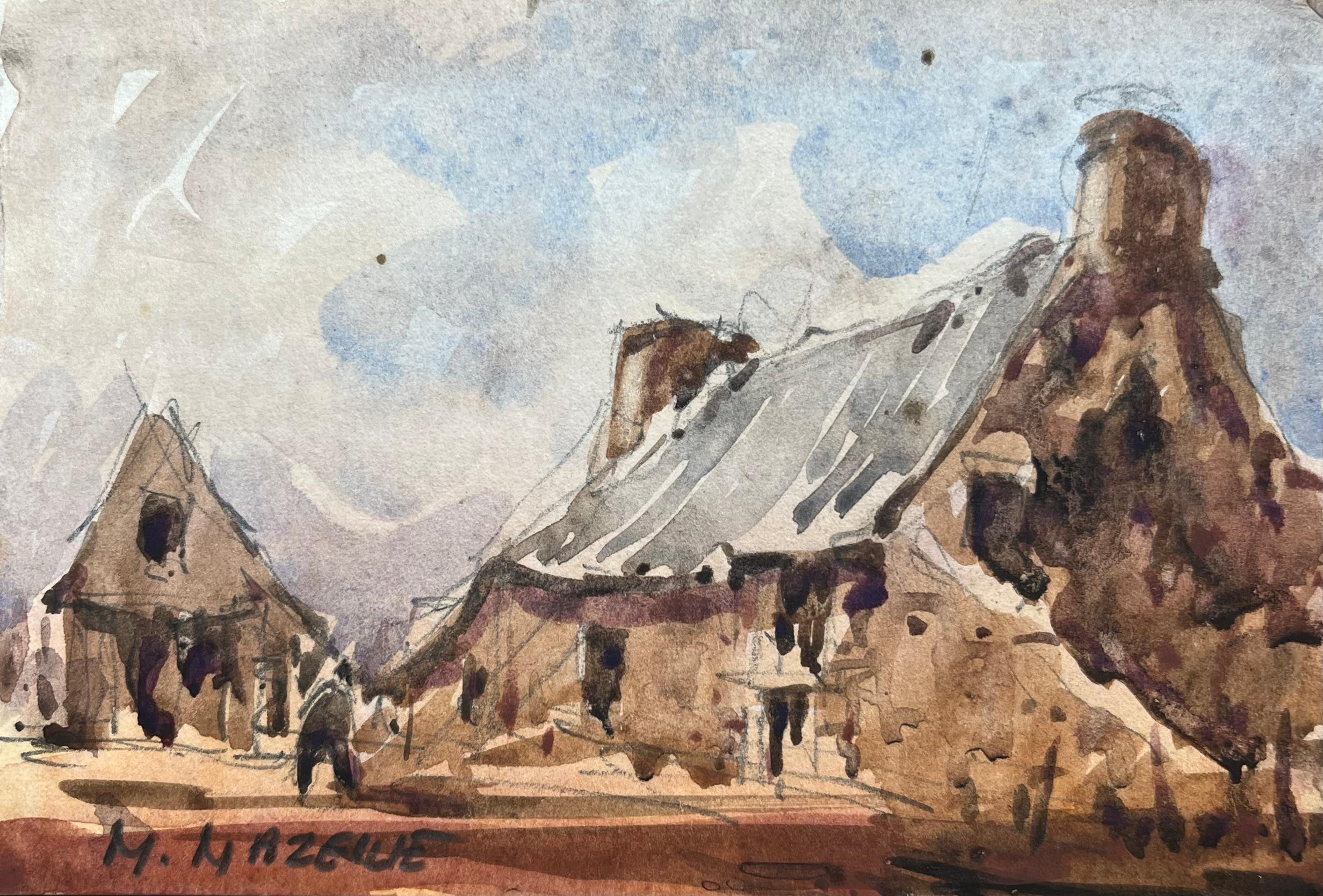 French Impressionist Watercolor of Rustic Farmhouse at Dawn