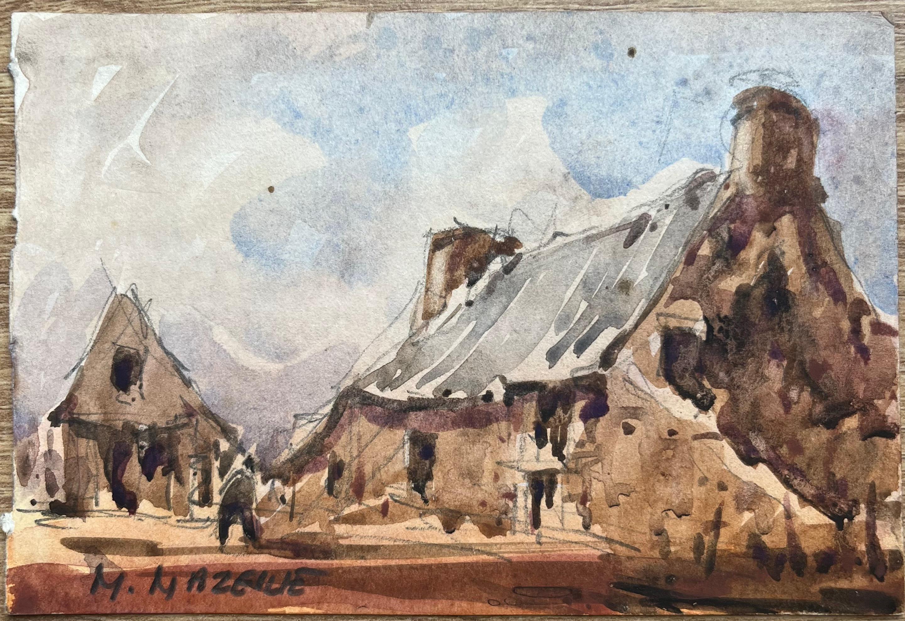Acquerello impressionista francese di una casa colonica rustica all'alba - Art Impressionismo di Maurice Mazeilie