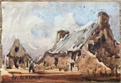 French Impressionist Watercolor of Rustic Farmhouse at Dawn