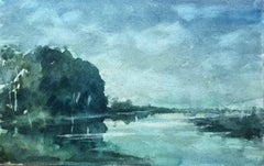 French Impressionist Serene Watercolor of a Calm River with Reflections