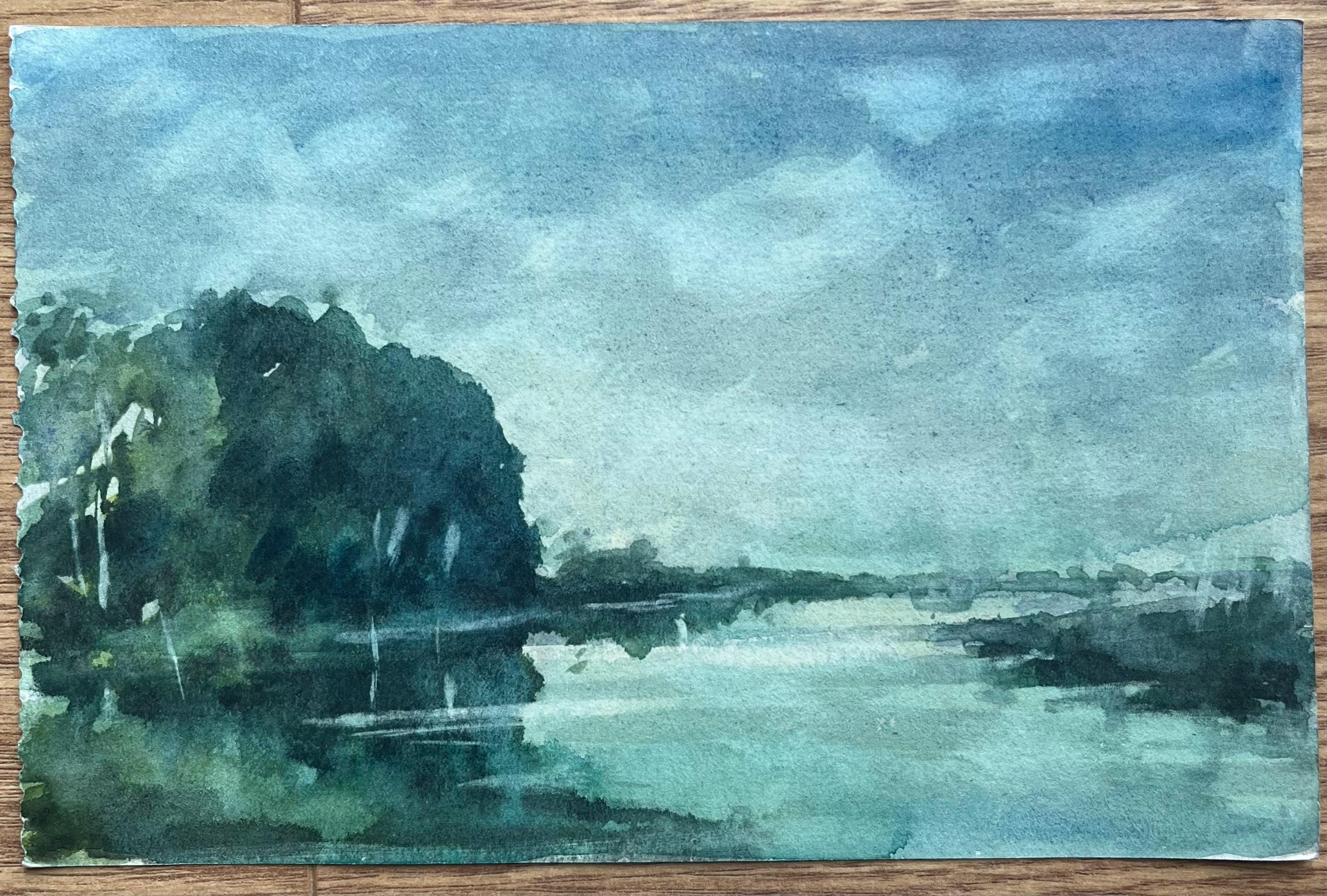 Aquarelle impressionniste française sereine d'une rivière Calm avec reflets - Impressionnisme Art par Maurice Mazeilie