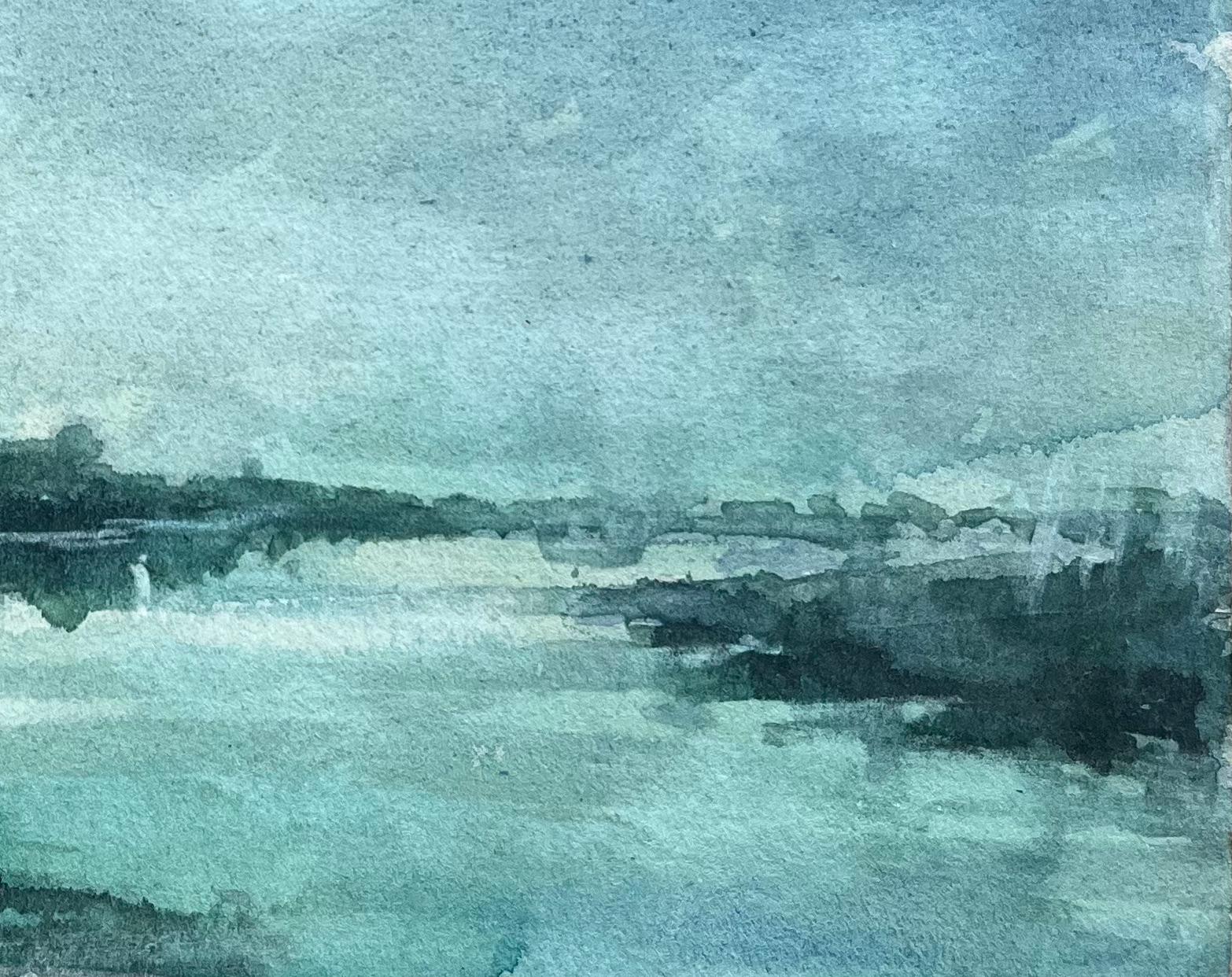 Aquarelle impressionniste française sereine d'une rivière Calm avec reflets en vente 1
