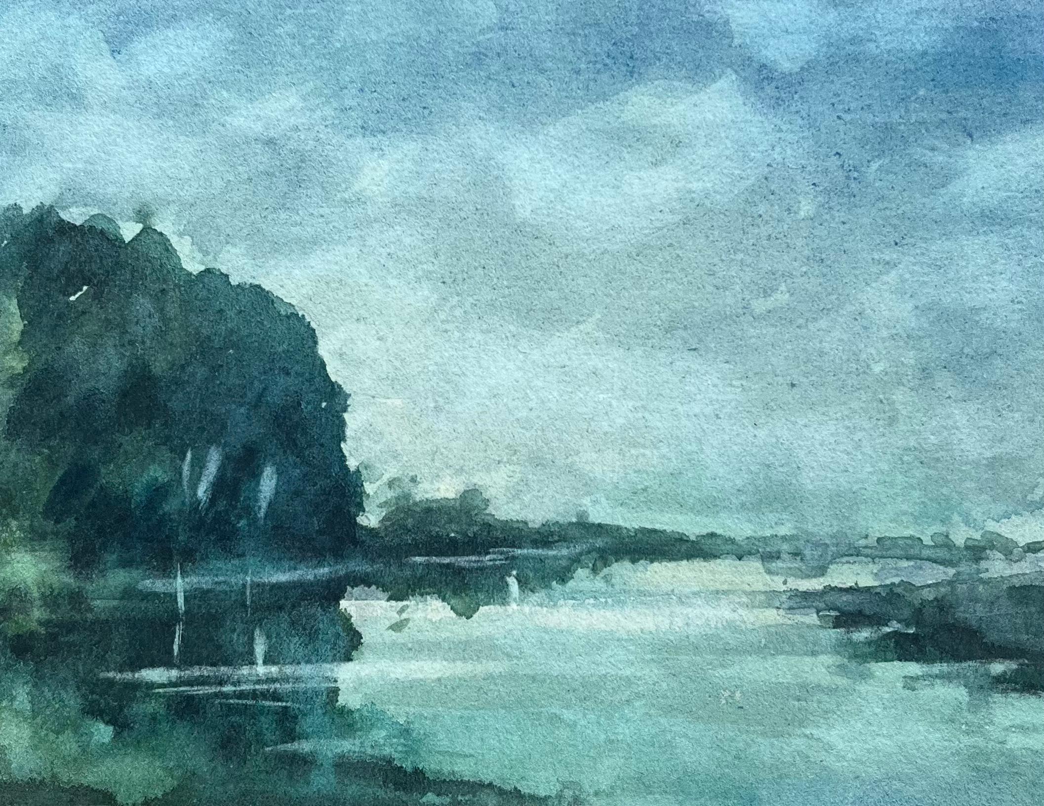 Aquarelle impressionniste française sereine d'une rivière Calm avec reflets en vente 2