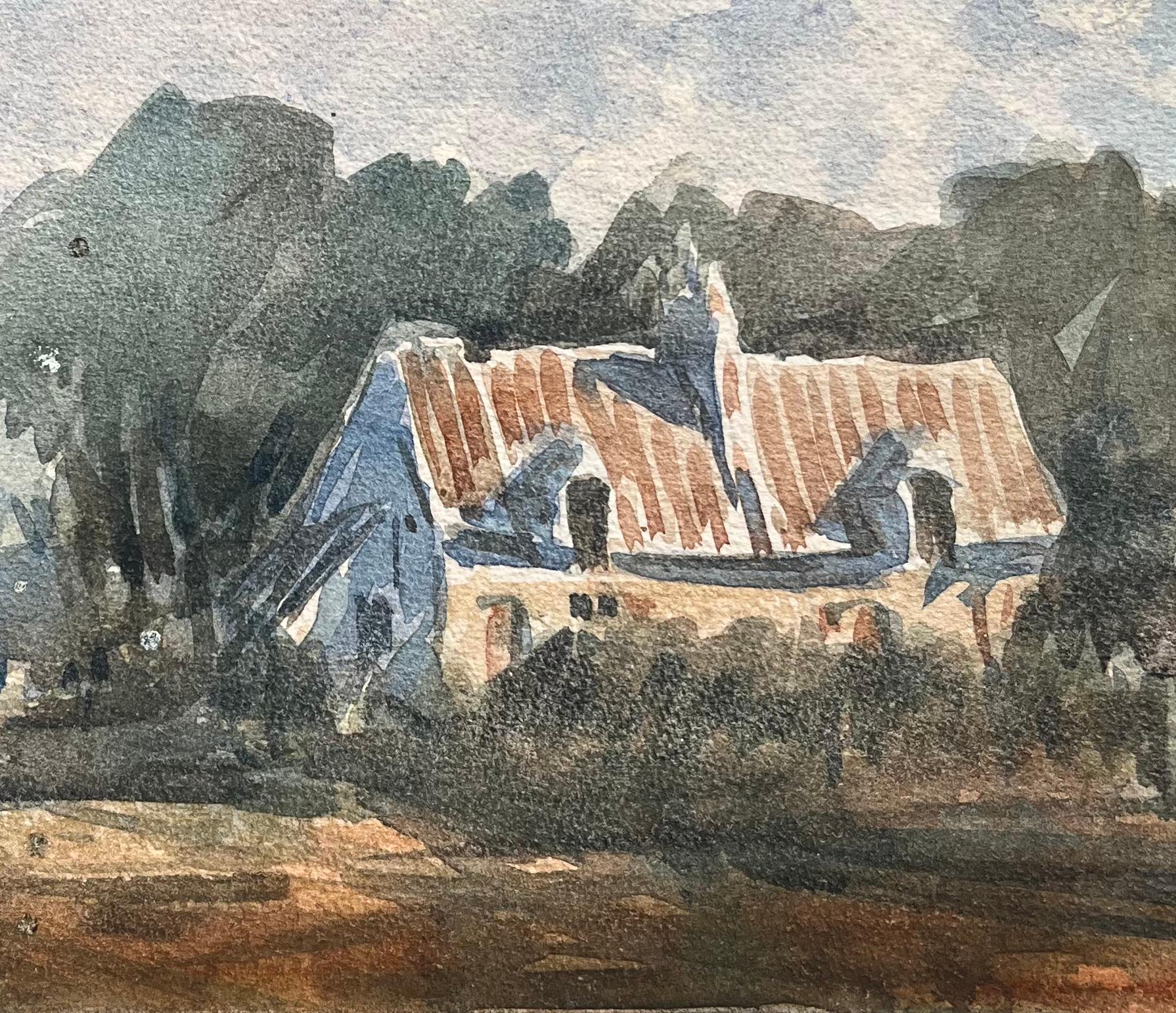 Acquerello impressionista francese di un cottage di campagna e di un sentiero in vendita 1