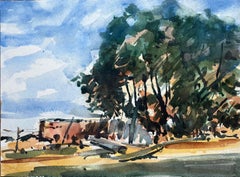 Aquarelle impressionniste française d'un paysage boisé ensoleillé