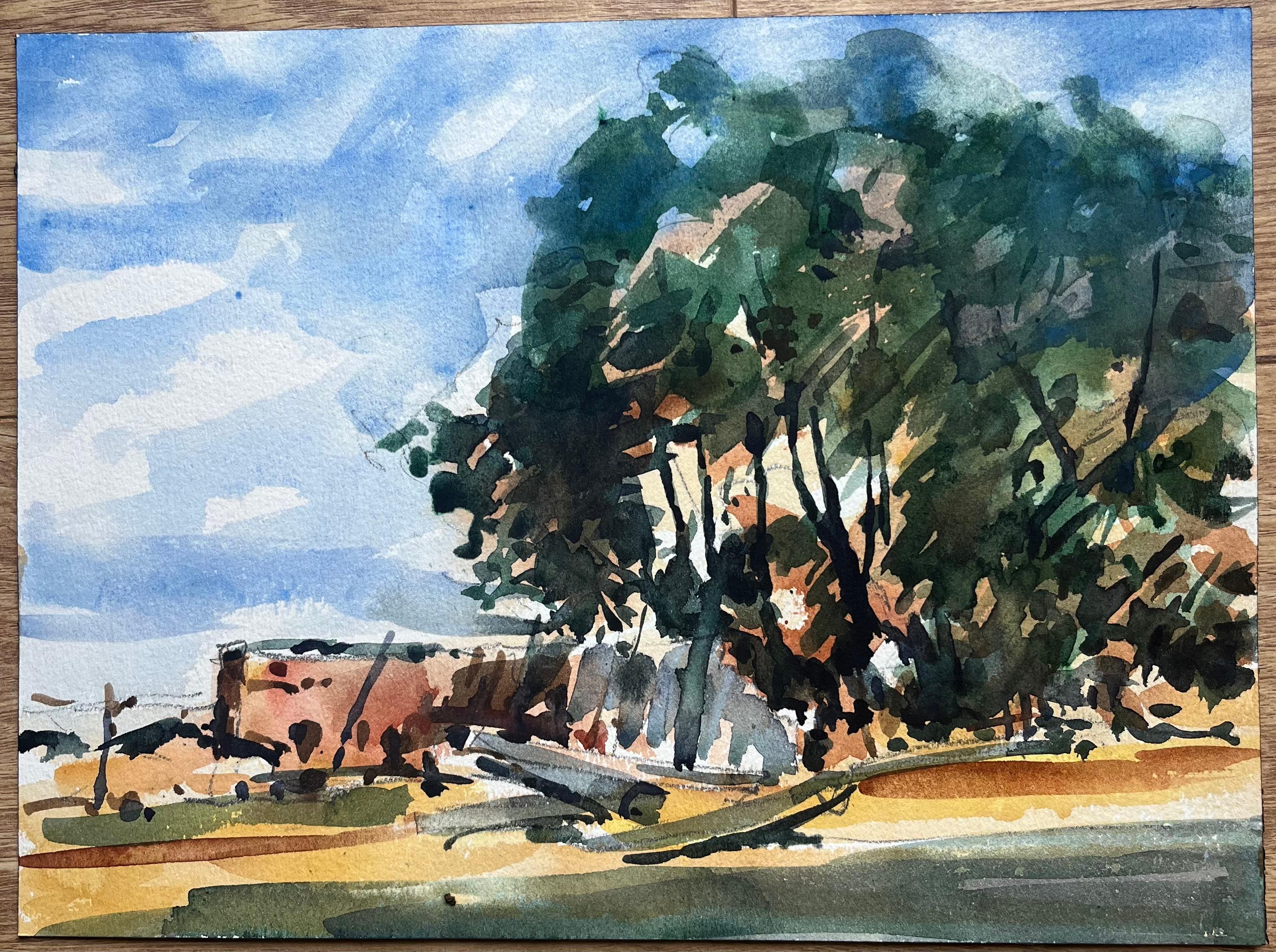 Aquarelle impressionniste française d'un paysage boisé ensoleillé - Impressionnisme Art par Maurice Mazeilie