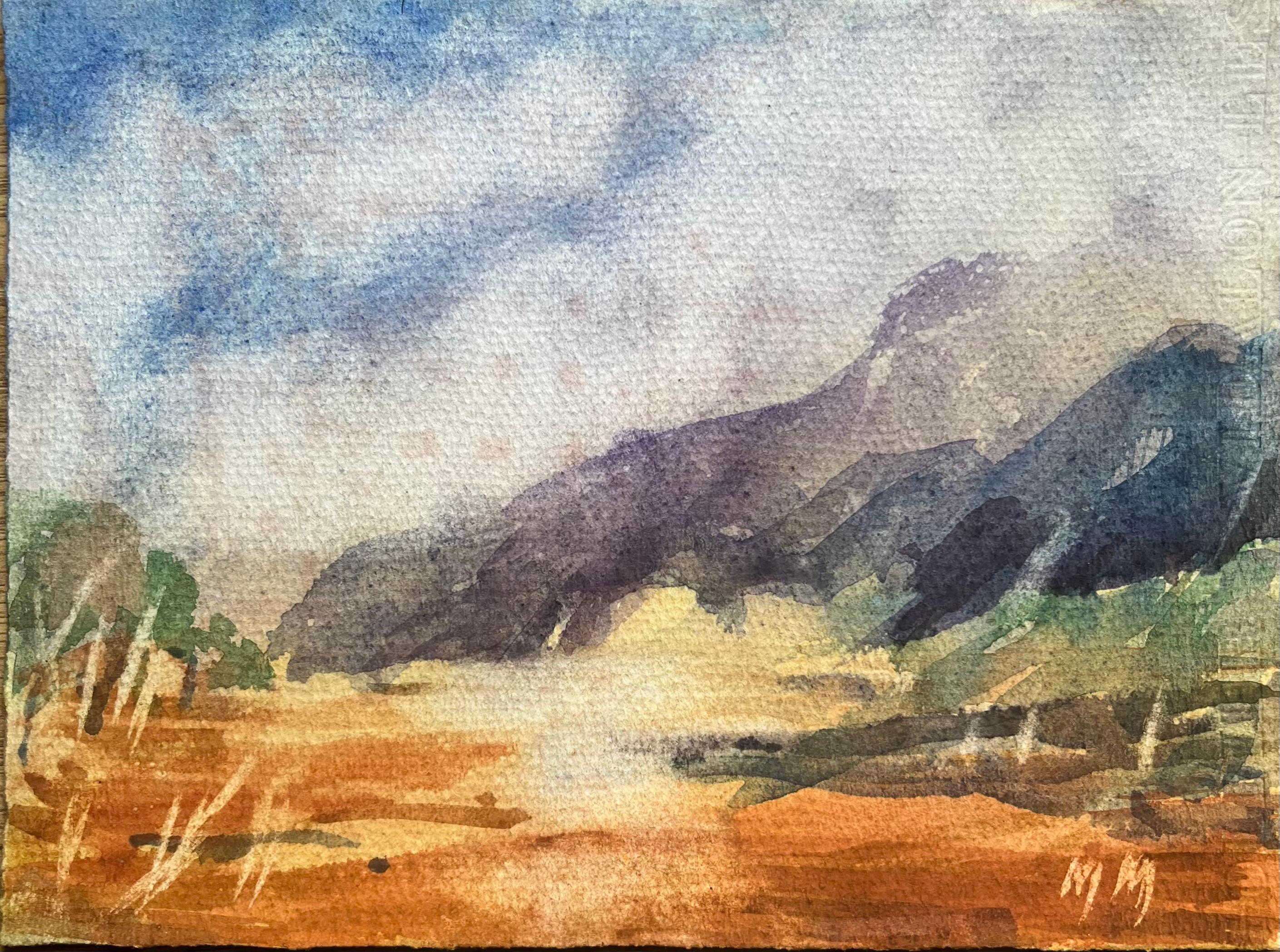 Aquarelle impressionniste française d'un paysage montagneux au bureau
