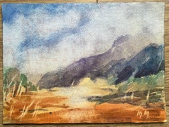 French Impressionist Watercolor of a Mountainous Landscape at Dusk