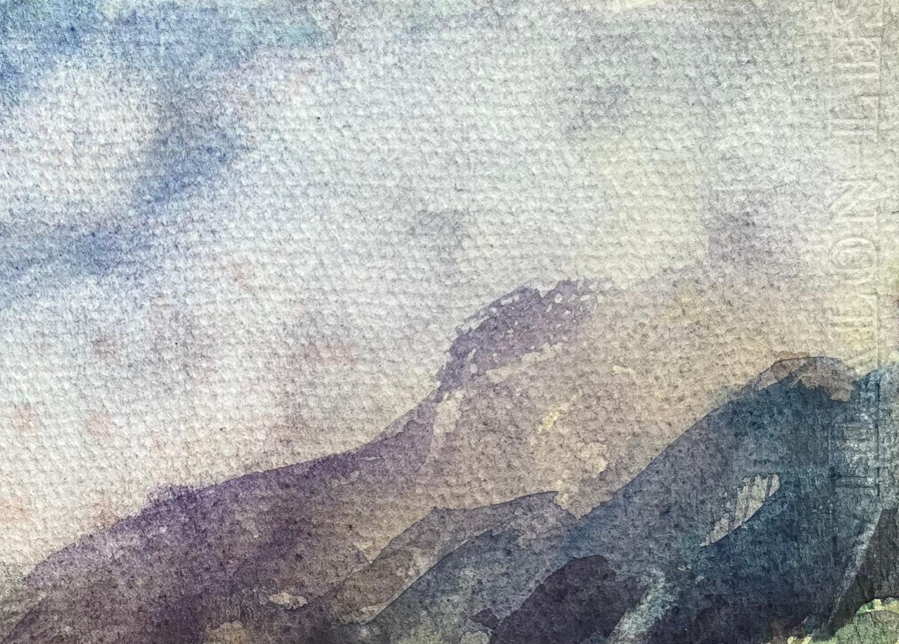 Acquerello impressionista francese di un paesaggio montano al crepuscolo in vendita 1