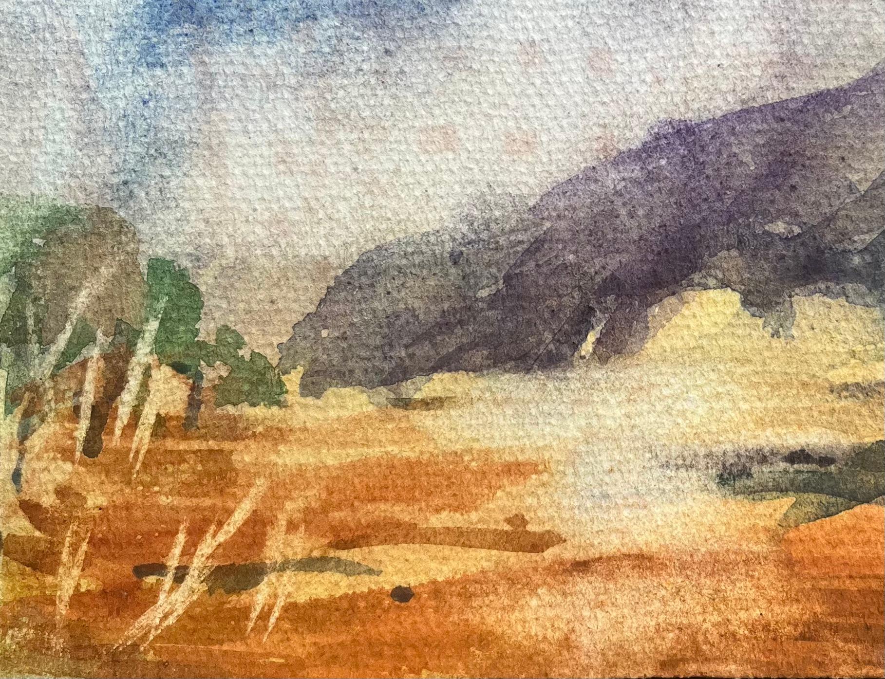 Acquerello impressionista francese di un paesaggio montano al crepuscolo in vendita 2