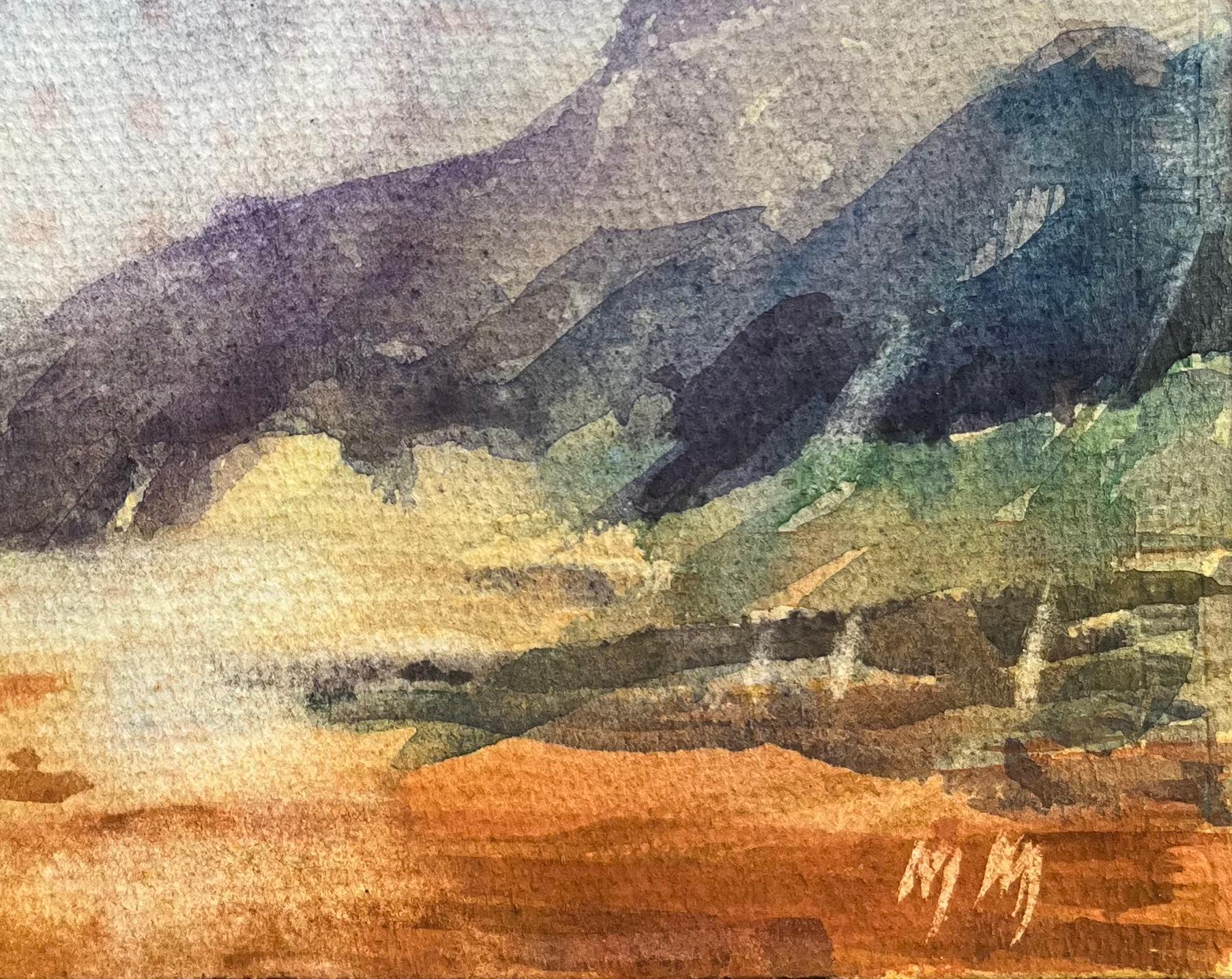 Acquerello impressionista francese di un paesaggio montano al crepuscolo in vendita 3