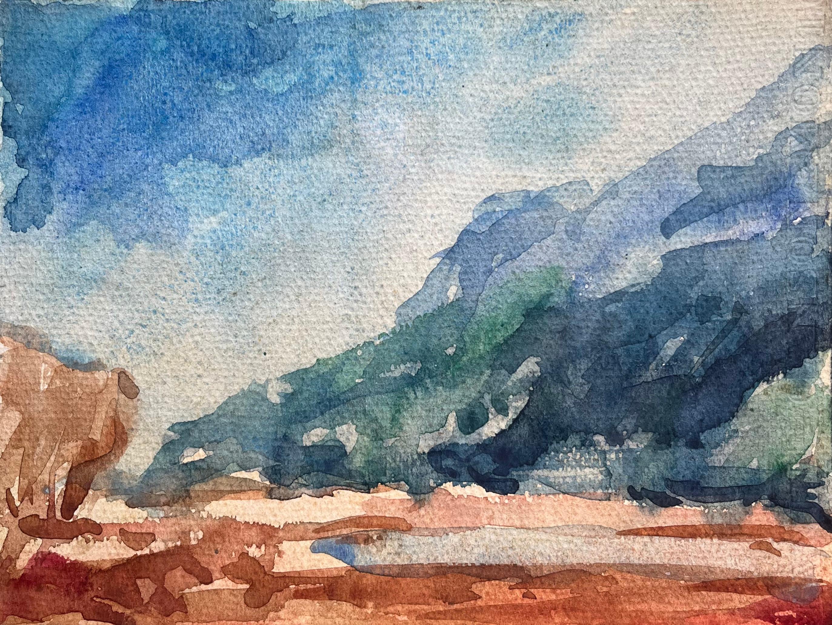 Aquarelle impressionniste française d'un paysage montagneux et d'une vallée