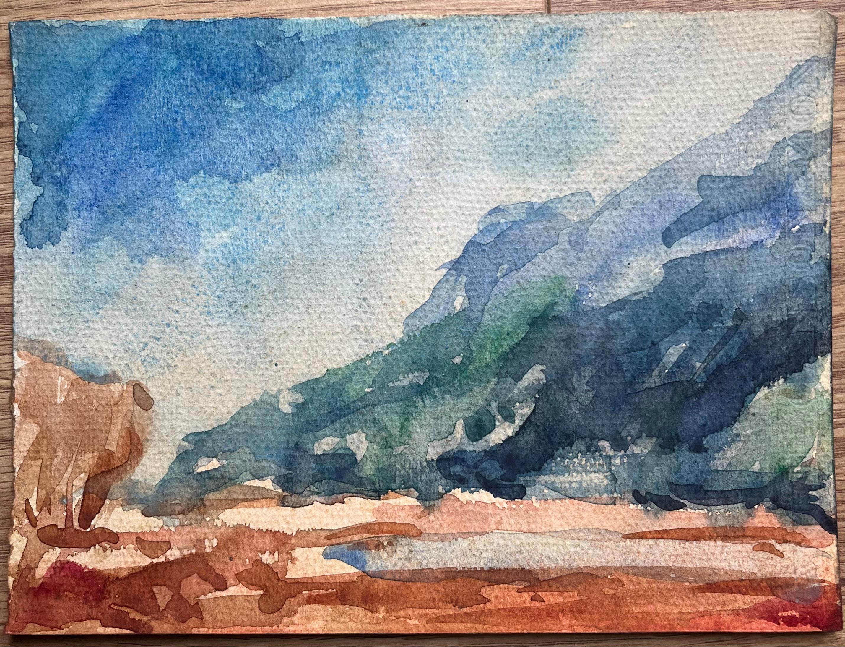 Acquerello impressionista francese di un paesaggio montuoso e di una valle - Art di Maurice Mazeilie