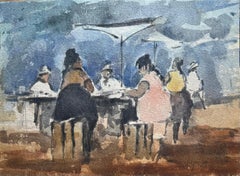 Pintura impresionista francesa en acuarela de un bullicioso café al aire libre