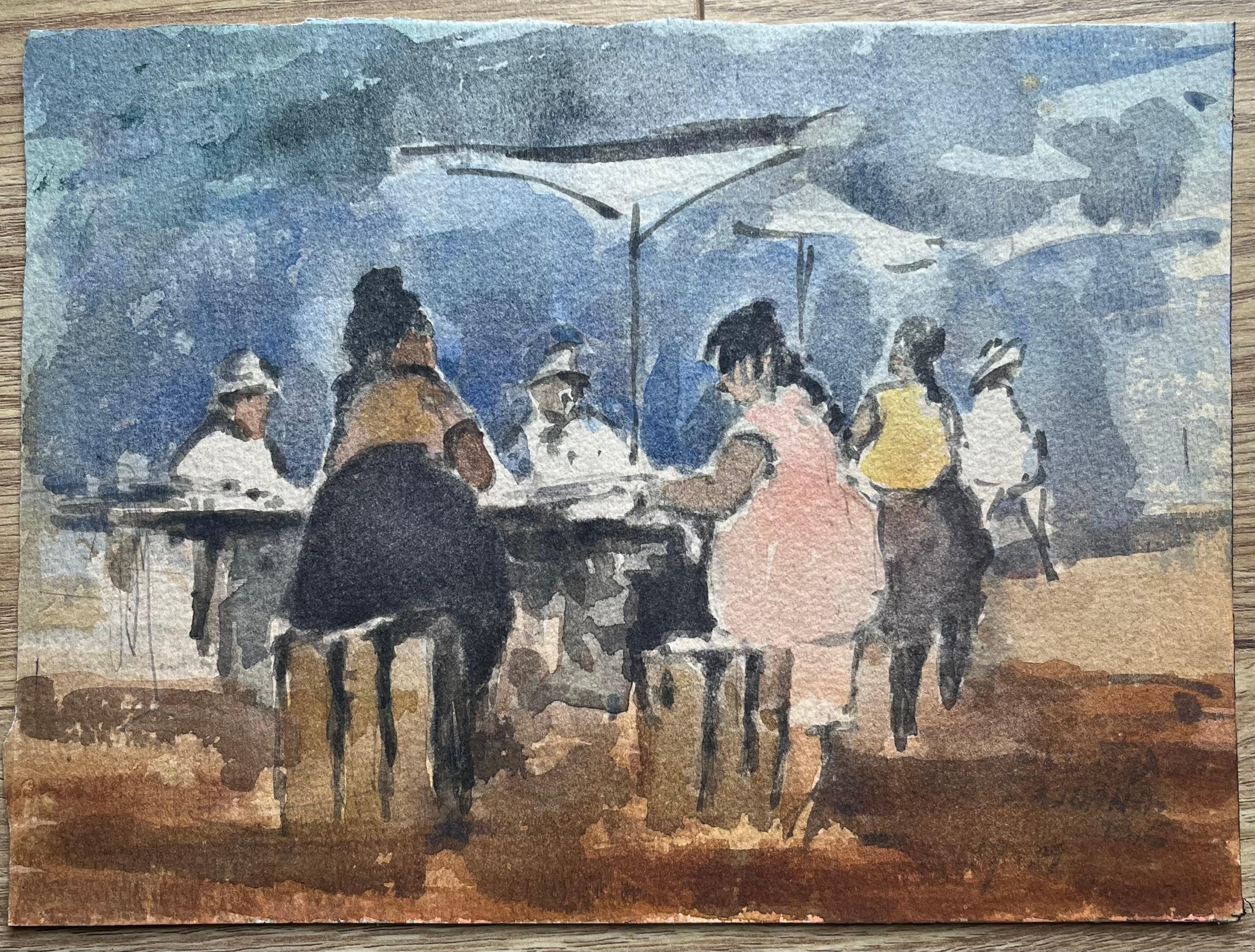 Aquarelle impressionniste française d'un café d'extérieur animé - Art de Maurice Mazeilie