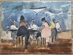 French Impressionist Watercolor Painting of Bustling Outdoor Cafe