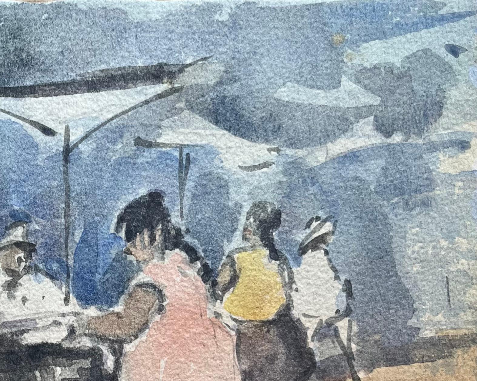 Titre : Peinture à l'eau impressionniste française d'un café en plein air animé
Par Maurice Mazeilie (français 1924-2021)
Moyen d'expression : Aquarelle sur papier, non encadrée
Taille : 7.75 x 10.5 pouces (hauteur x largeur)
Estampillé :