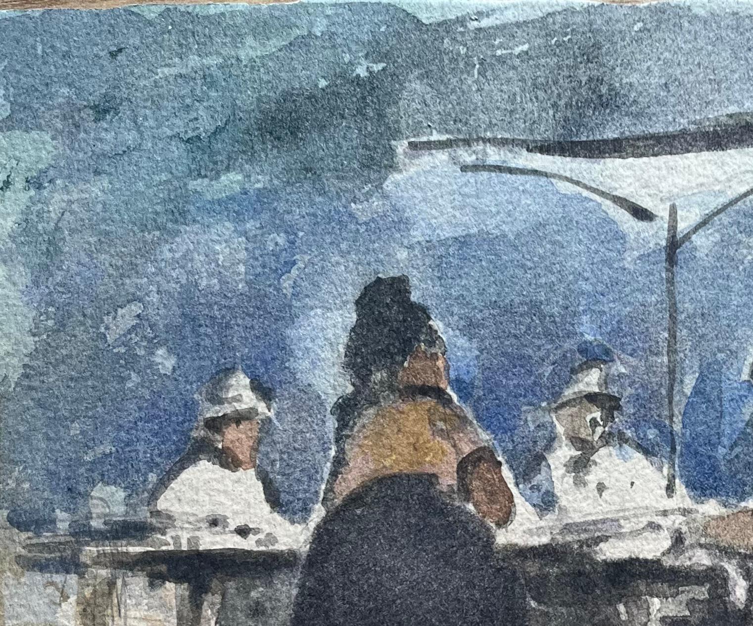 Aquarelle impressionniste française d'un café d'extérieur animé - Impressionnisme Art par Maurice Mazeilie
