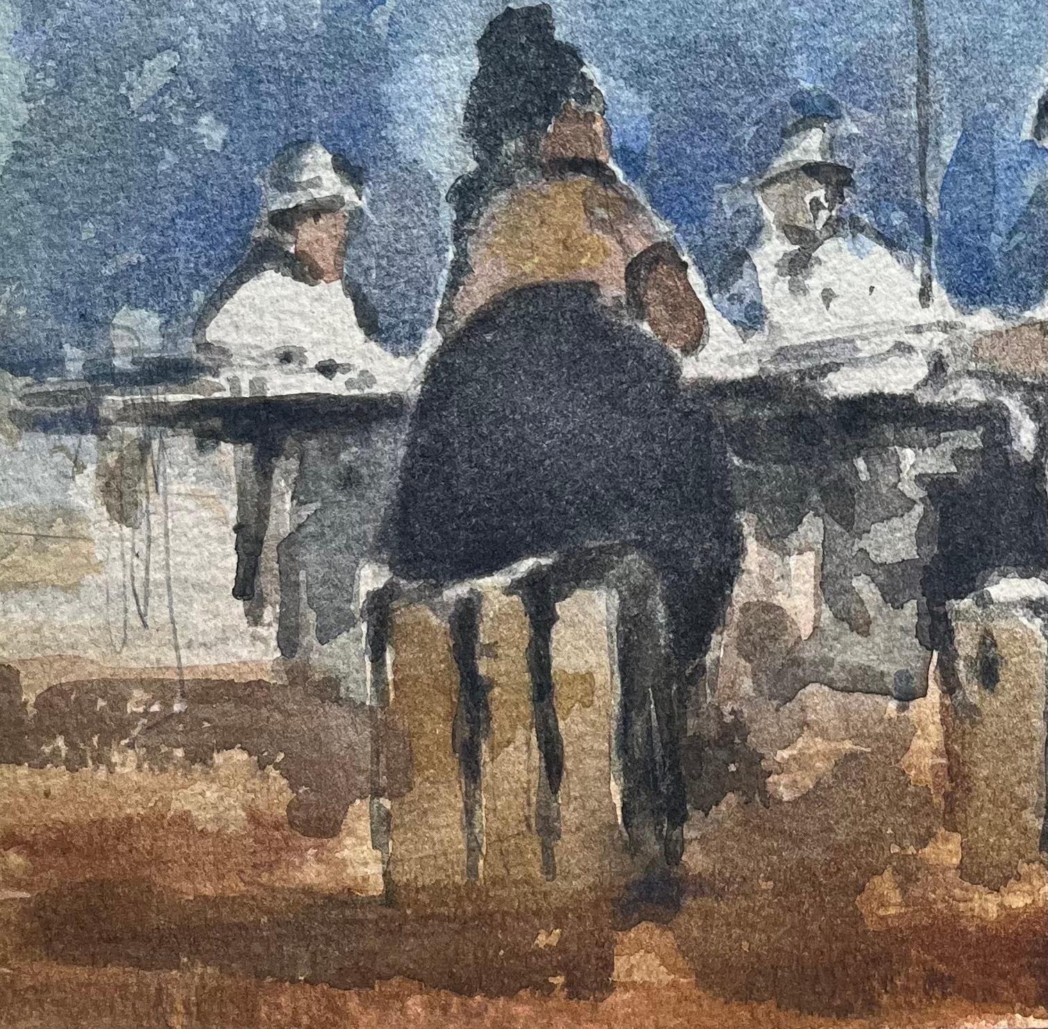 Aquarelle impressionniste française d'un café d'extérieur animé - Gris Landscape Art par Maurice Mazeilie