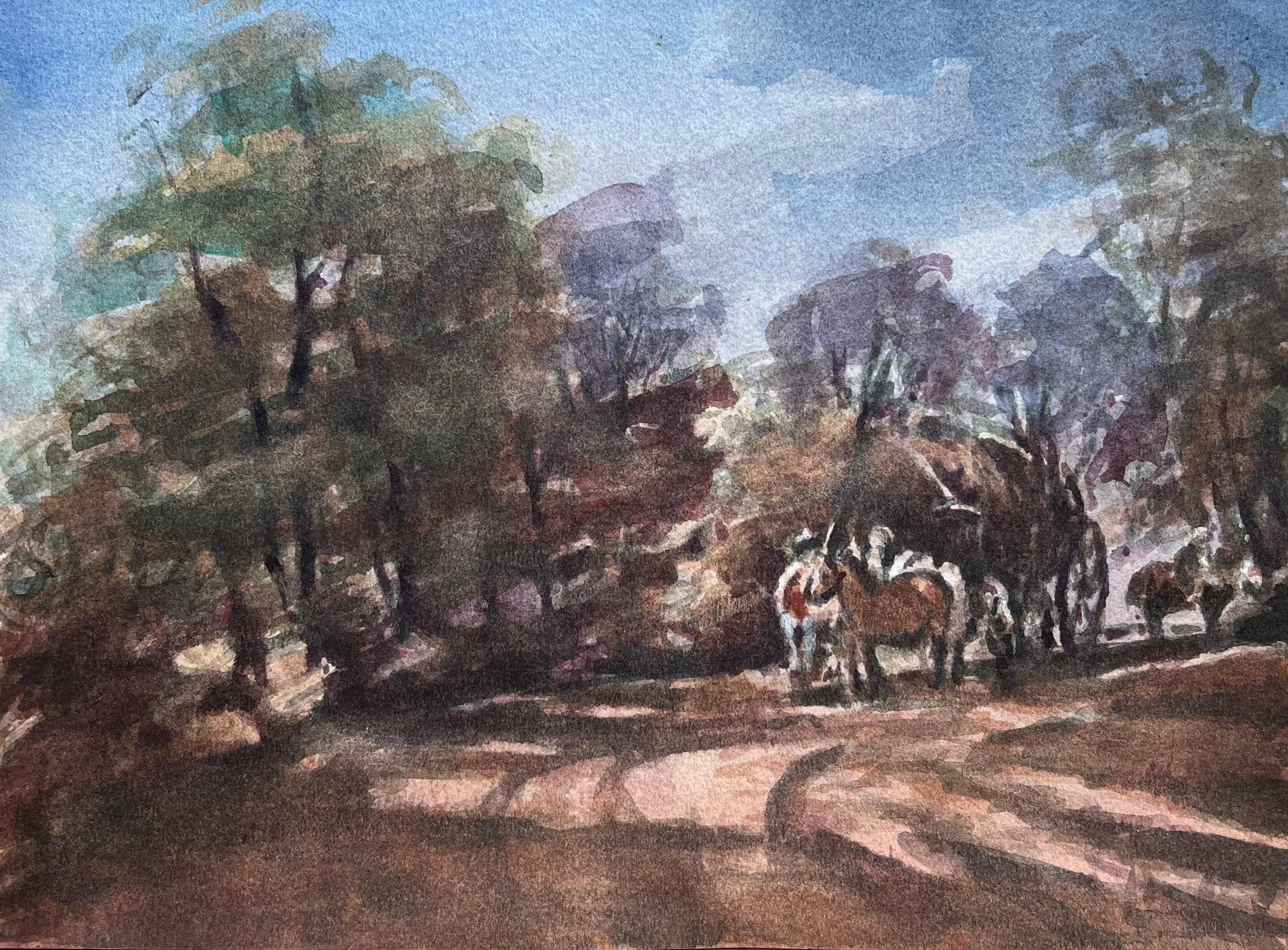 French Impressionist Watercolor Painting of Woodland Scene with Horse and Cart - Art by Maurice Mazeilie