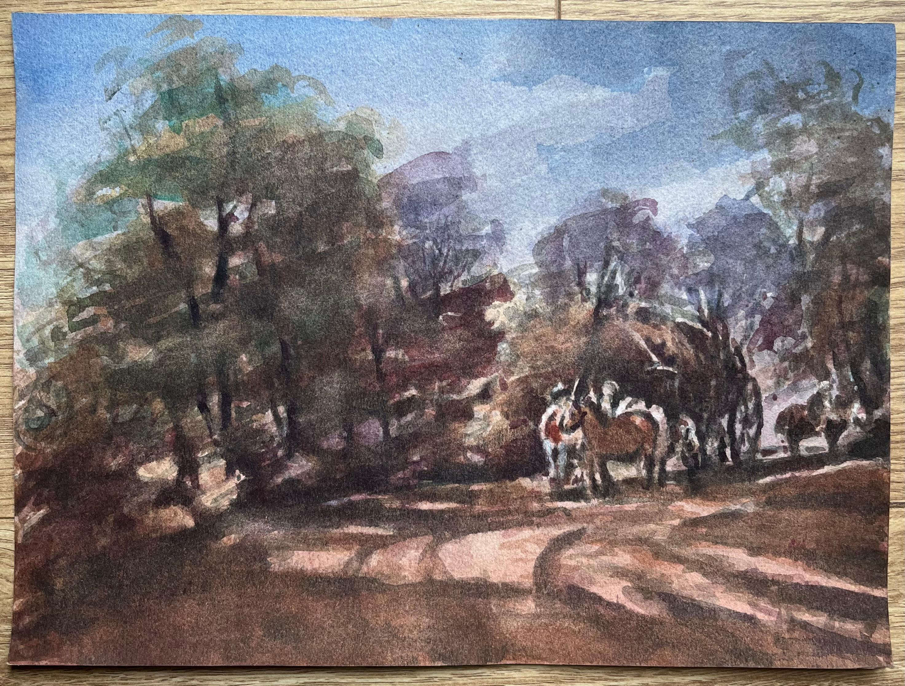 Title: French Impressionist Watercolor Painting of Woodland Scene with Horse and Cart
By Maurice Mazeilie (French 1924-2021)
Medium: Watercolor on paper, unframed
Size: 8.75 x 12 inches (Height x Width)
Stamped: Verso
Condition: Good
Provenance: All