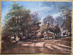 French Impressionist Watercolor Painting of Woodland Scene with Horse and Cart